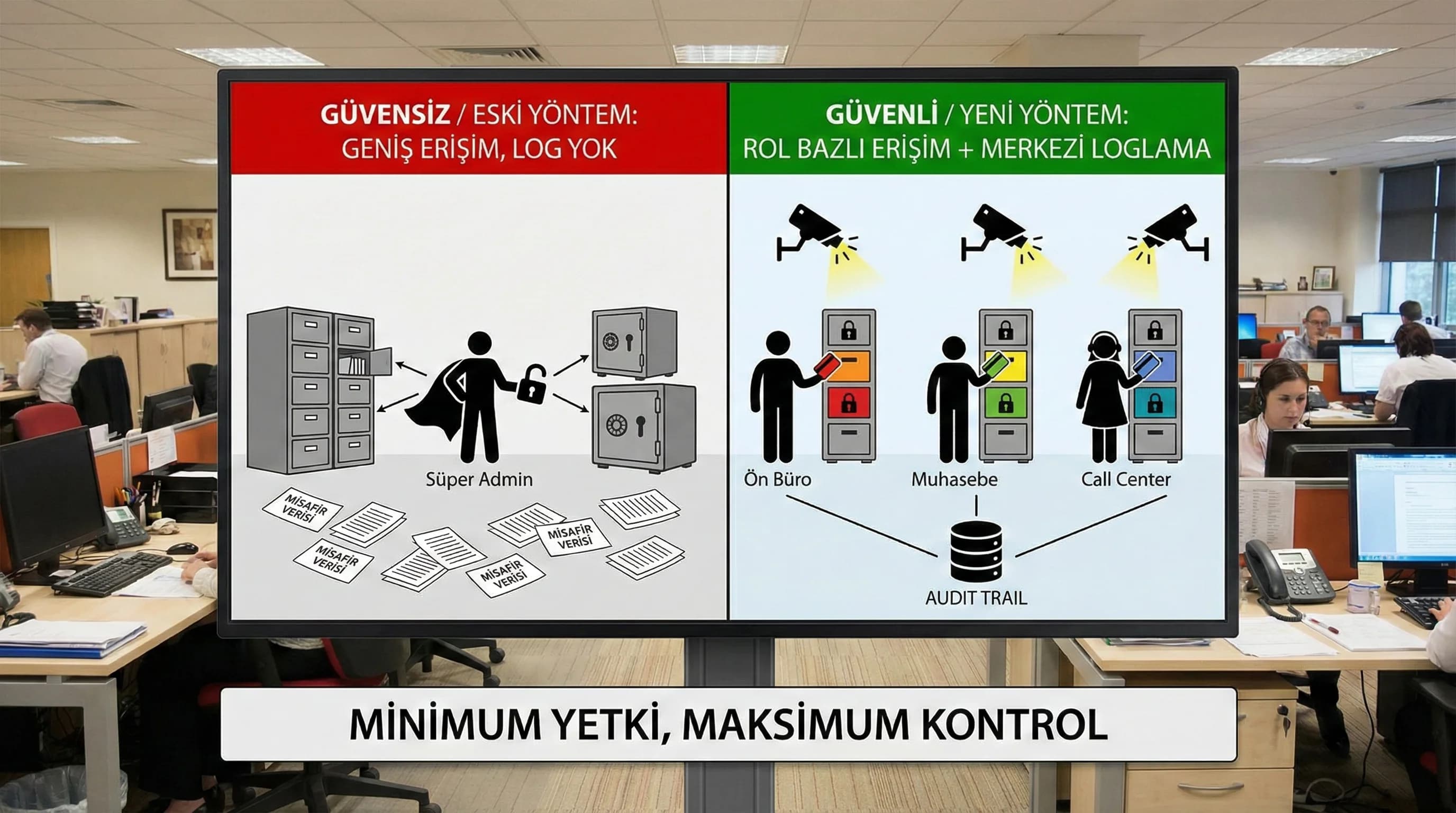 Rol bazlı erişim ve loglama mantığını anlatan görsel, misafir verisini korur