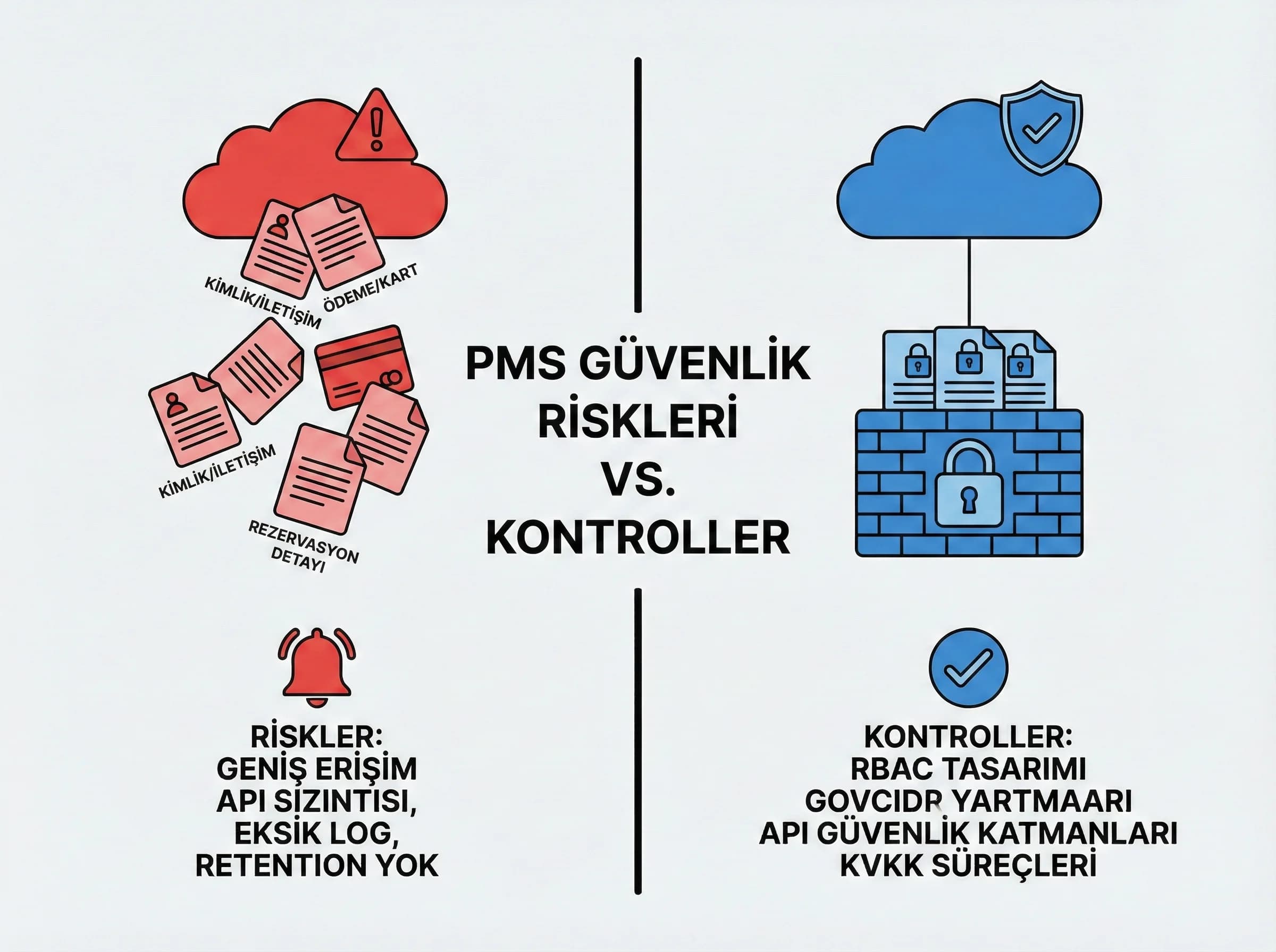 Güvenlik risklerini ayıran görsel, PMS entegrasyonlarında kontrol sağlar