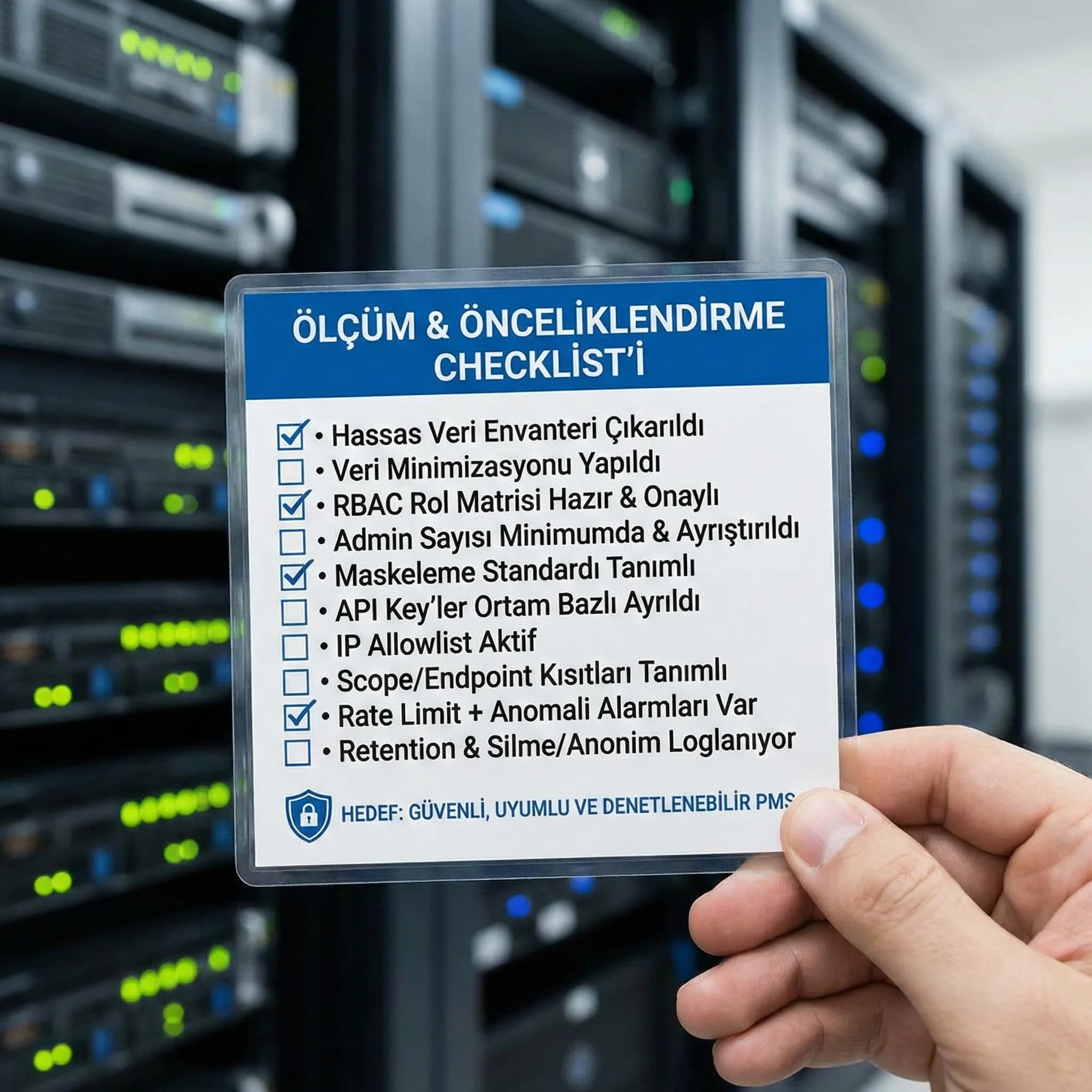 PMS güvenlik kontrol listesi kartı, RBAC ve loglamayı standardize eder