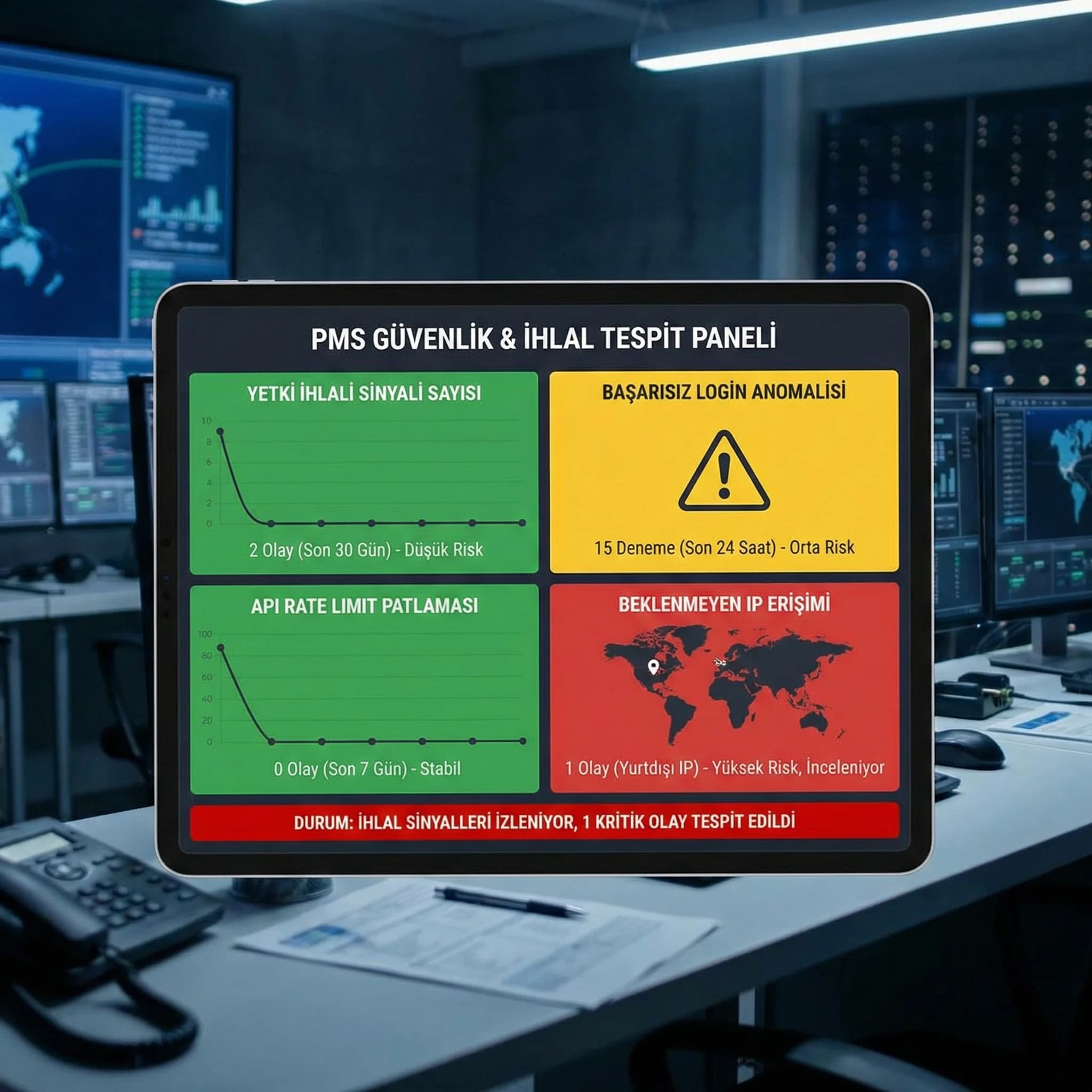 Güvenlik KPI paneli, yetki ihlali ve anomali sinyallerini izler