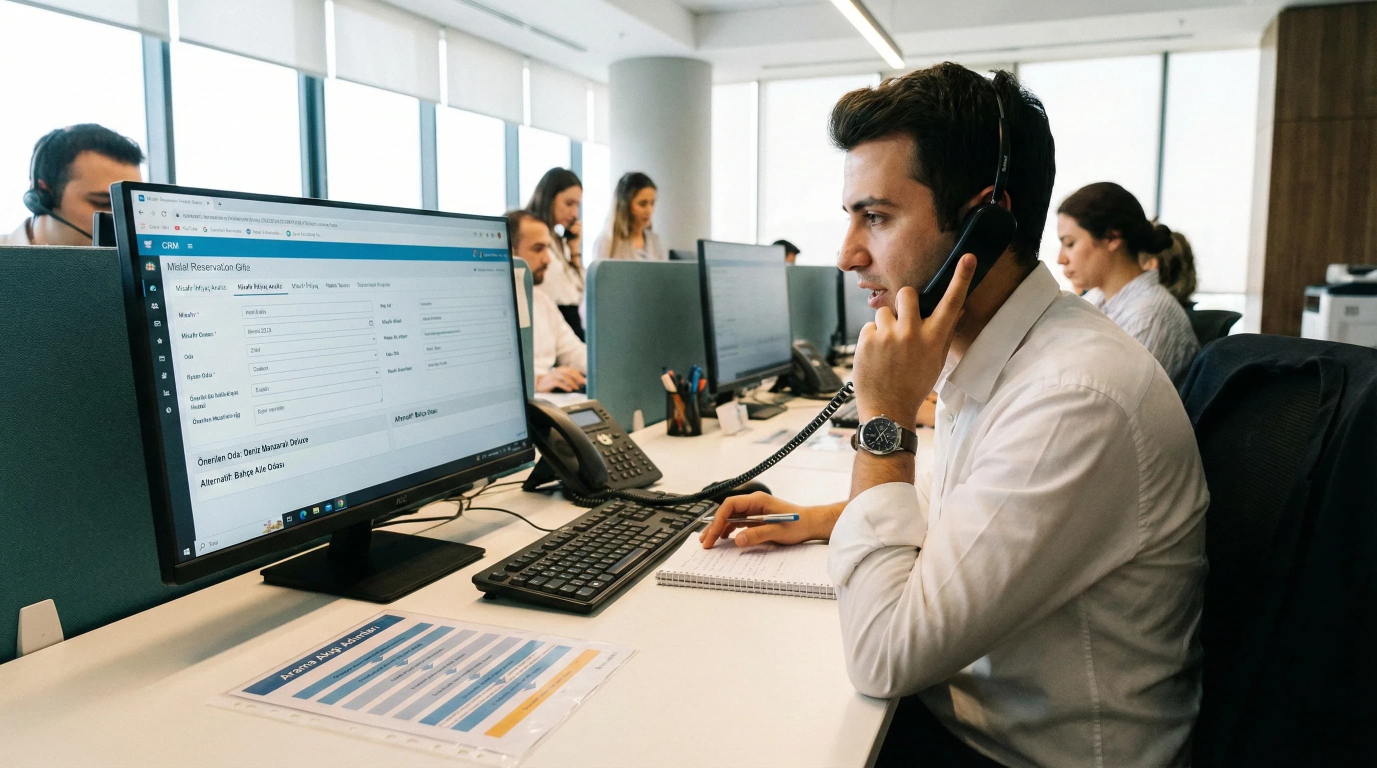 Otel çağrı merkezinde telefon görüşmesi, ihtiyaç analizi ve teklif akışı”