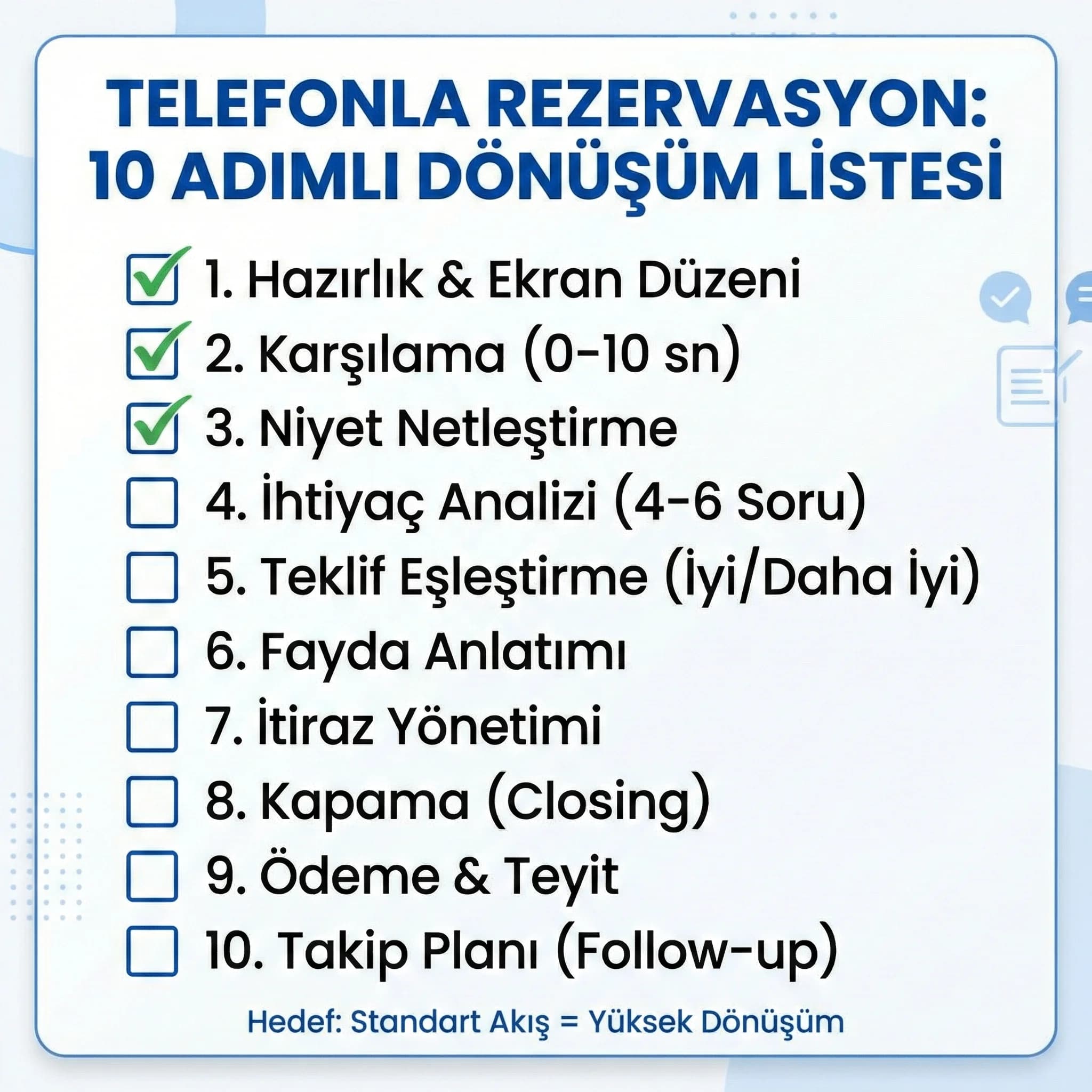 Telefonla rezervasyon 10 adım checklist özeti, otel satış görüşmesi standardı