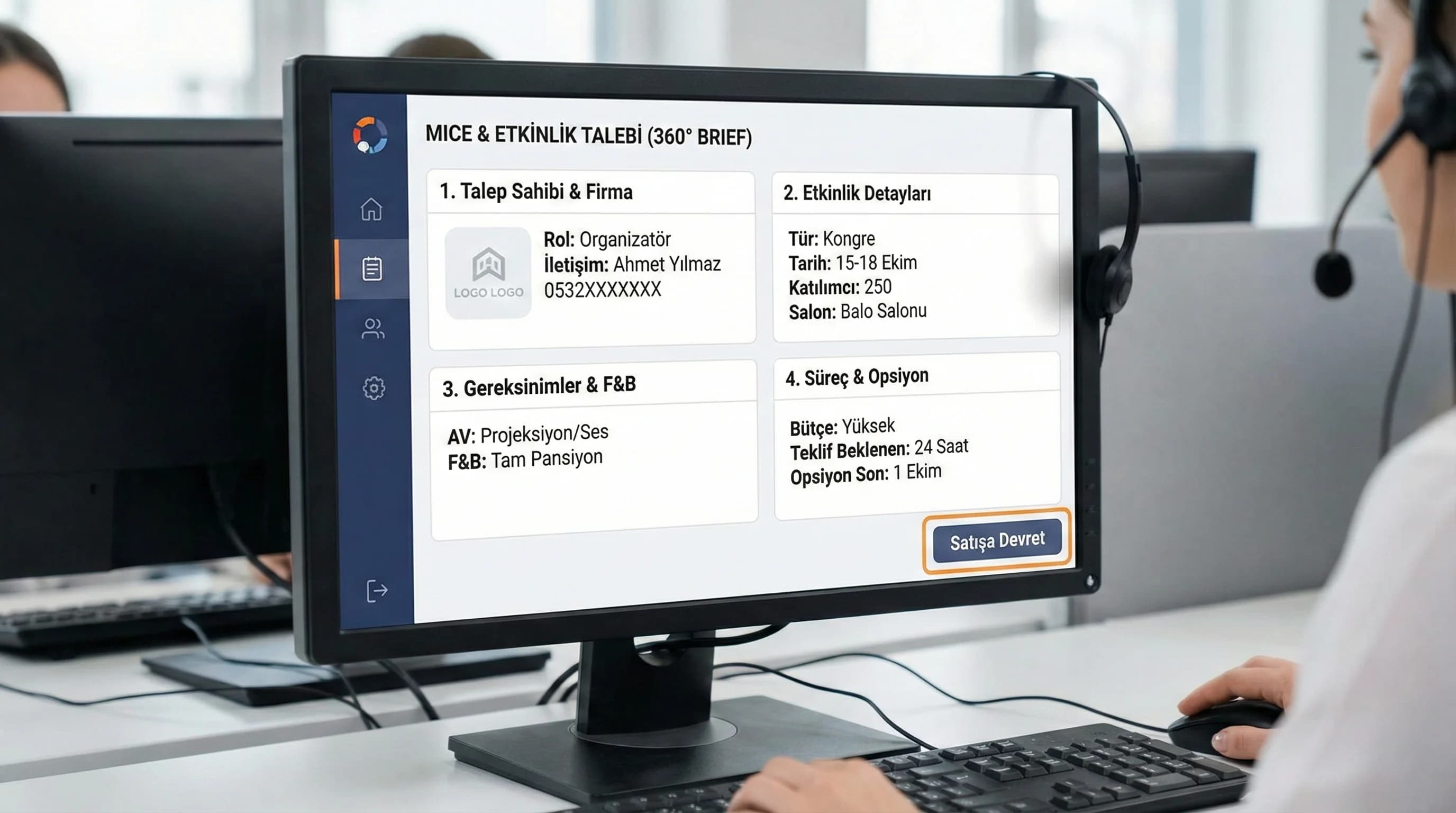 Grup/MICE çağrısı bilgi toplama ekranı ve satış devri özet mockup’ı
