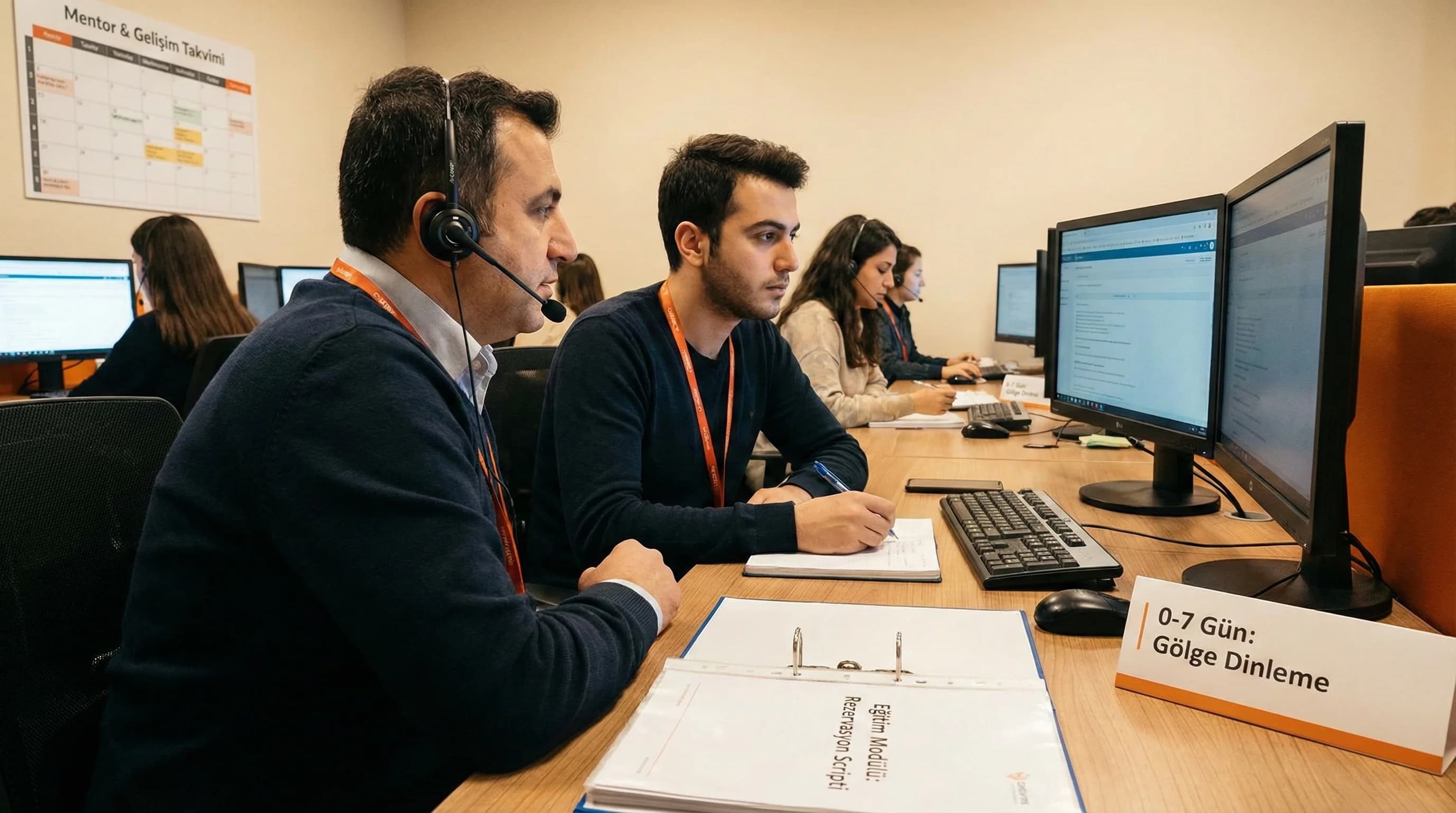 Çağrı merkezi onboarding akışı, eğitim modülleri ve mentor gölge çalışma