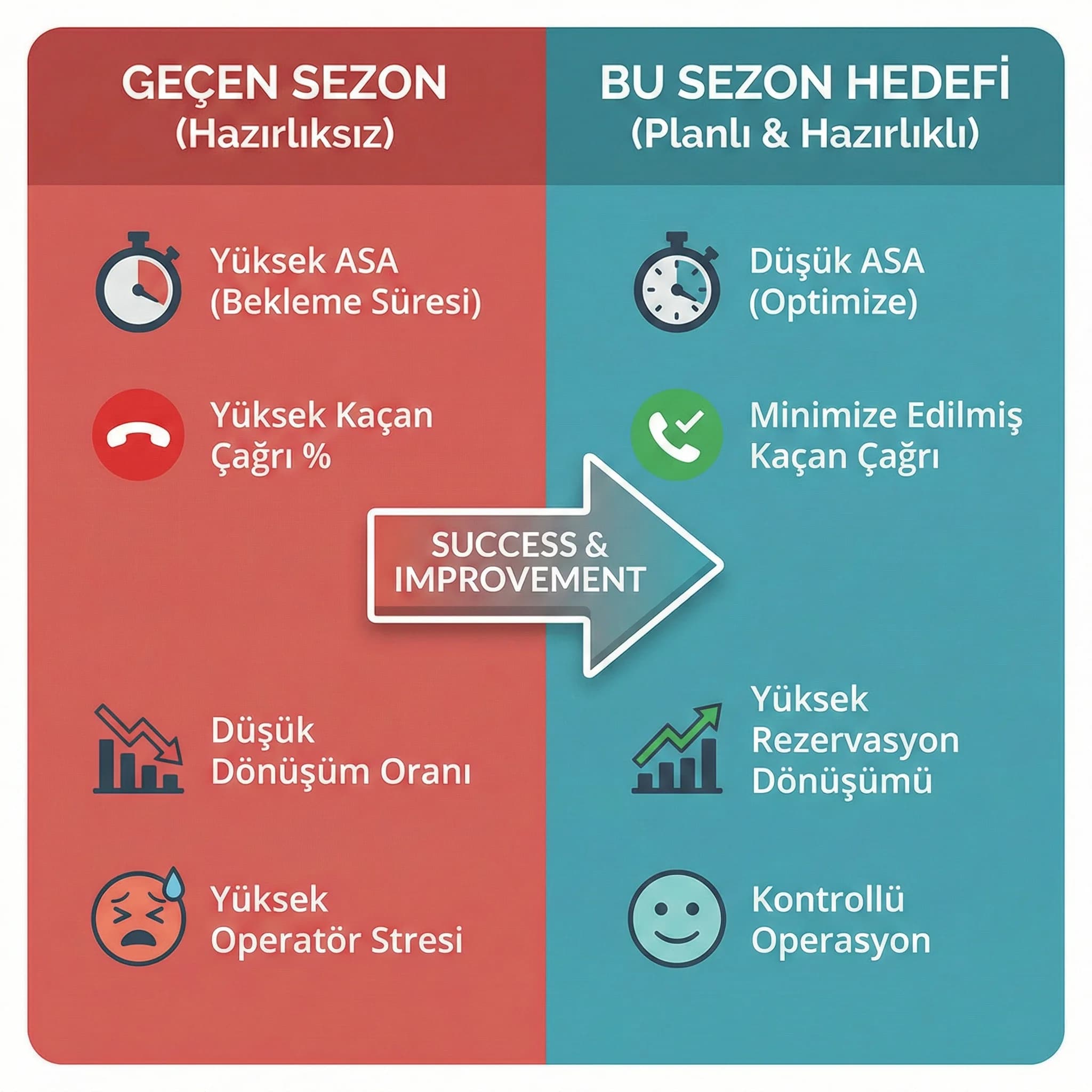 Sezon öncesi sonrası KPI kıyas grafiği, bekleme kaçan çağrı dönüşüm