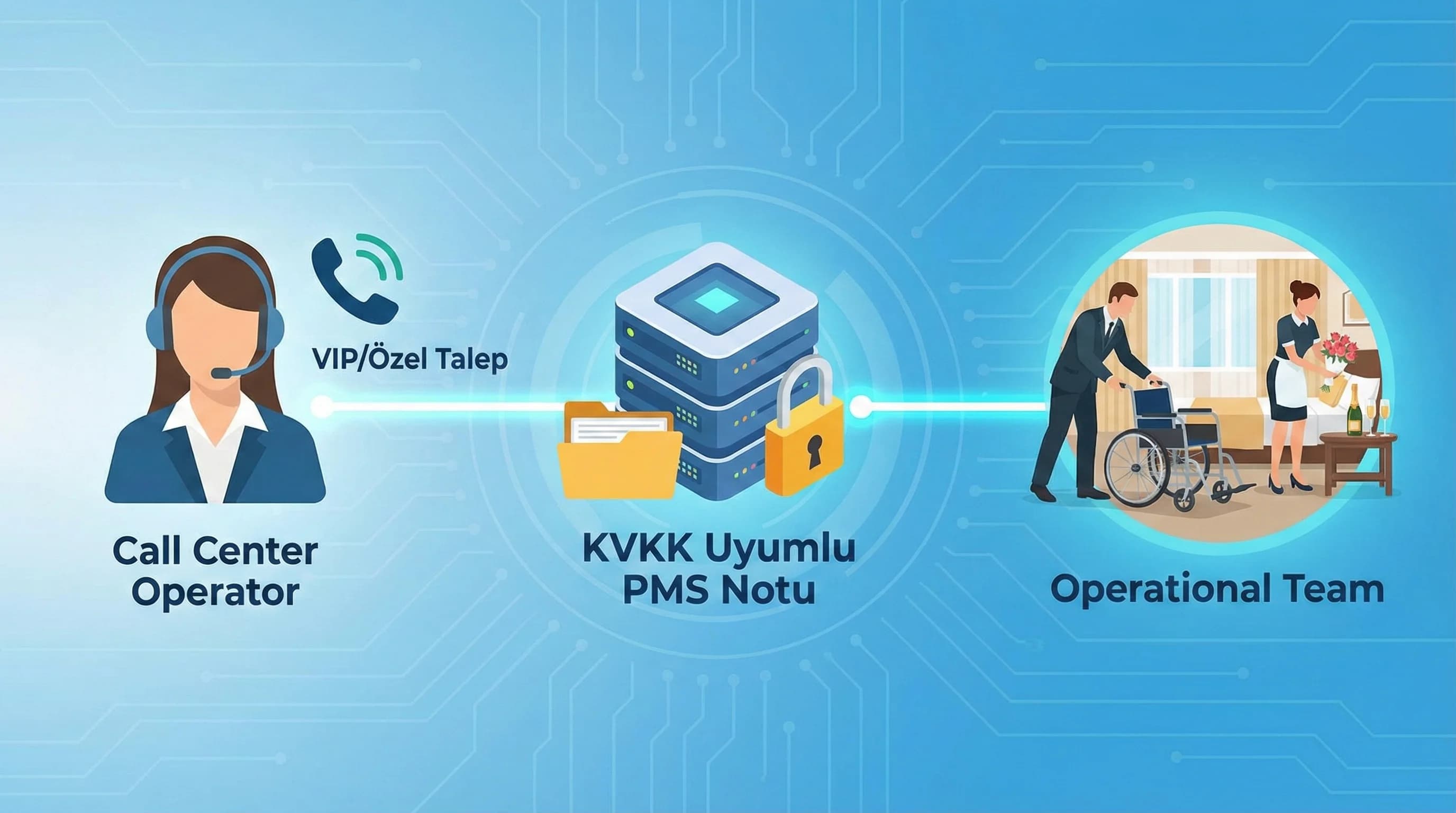 VIP özel ihtiyaç çağrısı, PMS not ve operasyon devri süreci görseli