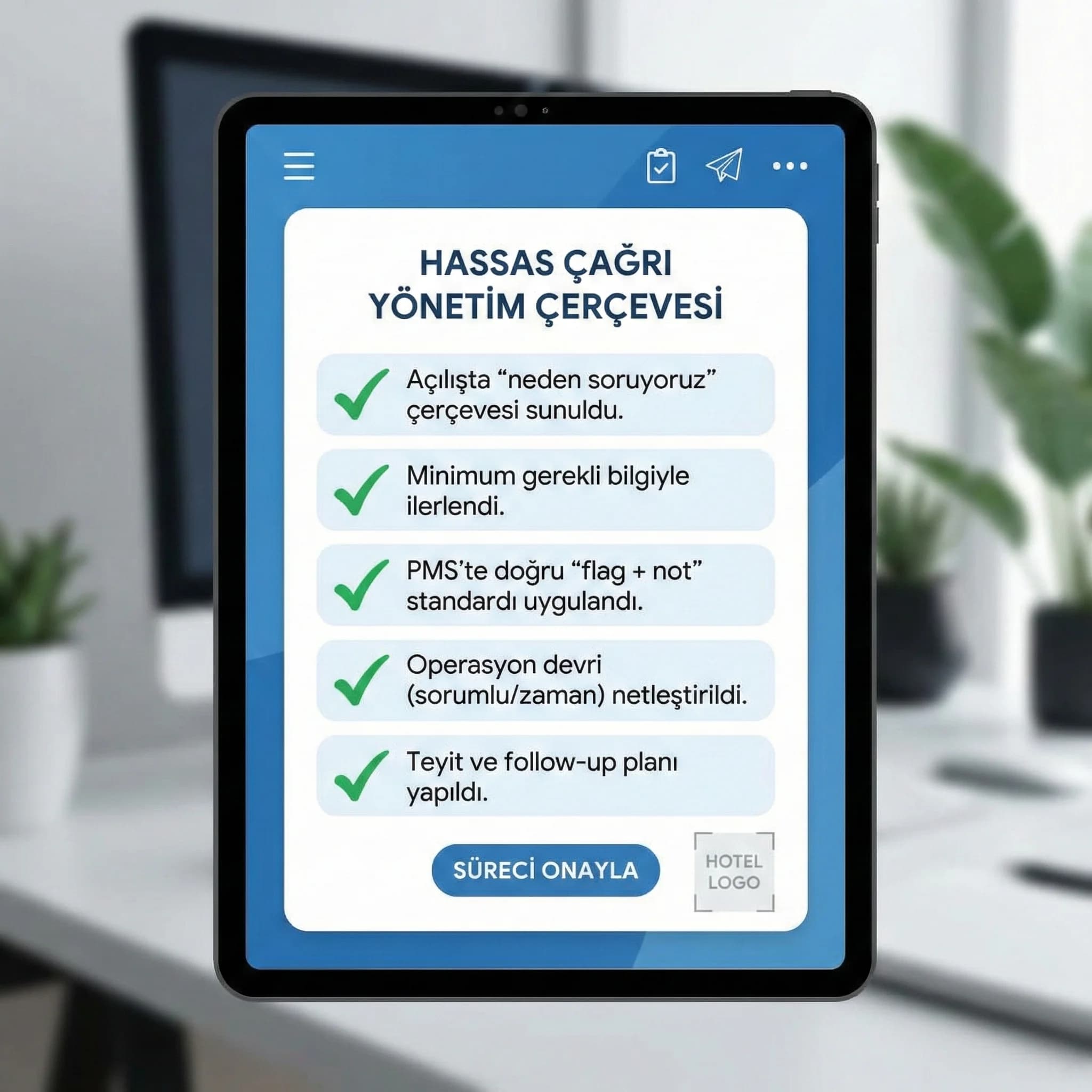 VIP ve özel ihtiyaç çağrısı checklist kartı, PMS not ve operasyon devri