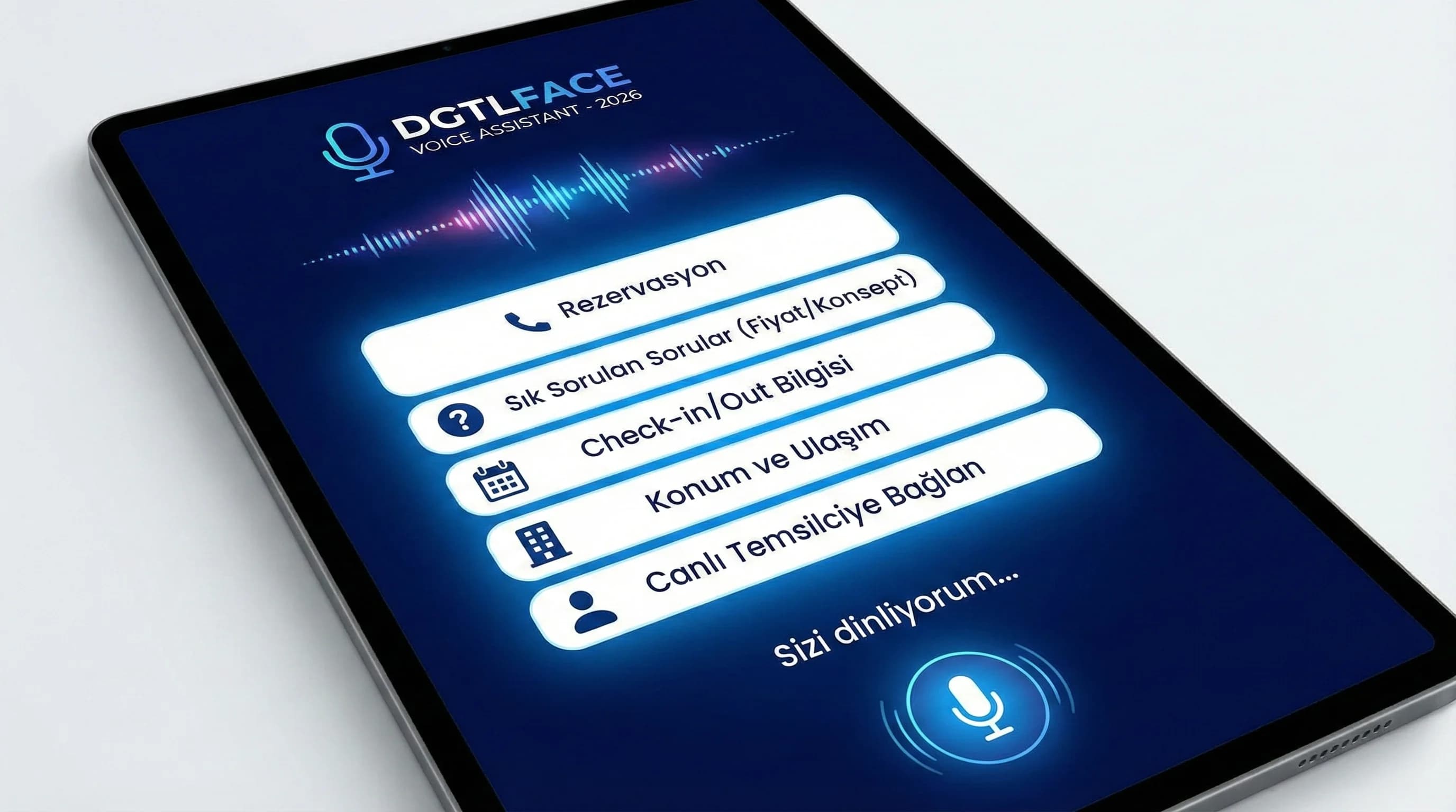 Voicebot ilk hat ekranı ve hızlı seçenekler mockup’ı, otel rezervasyon hattı