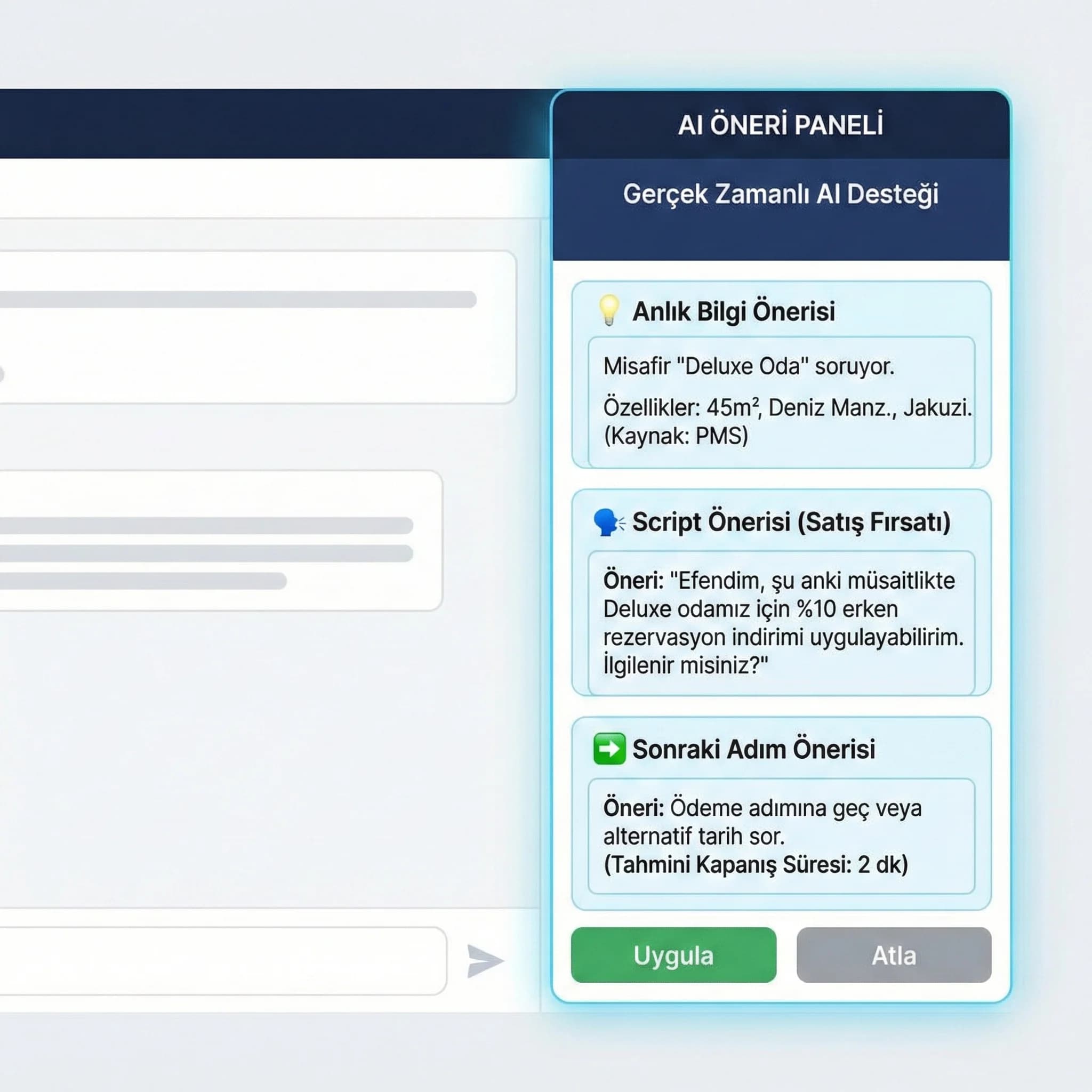 AI öneri paneli mockup, agent’e anlık script ve sonraki adım önerisi