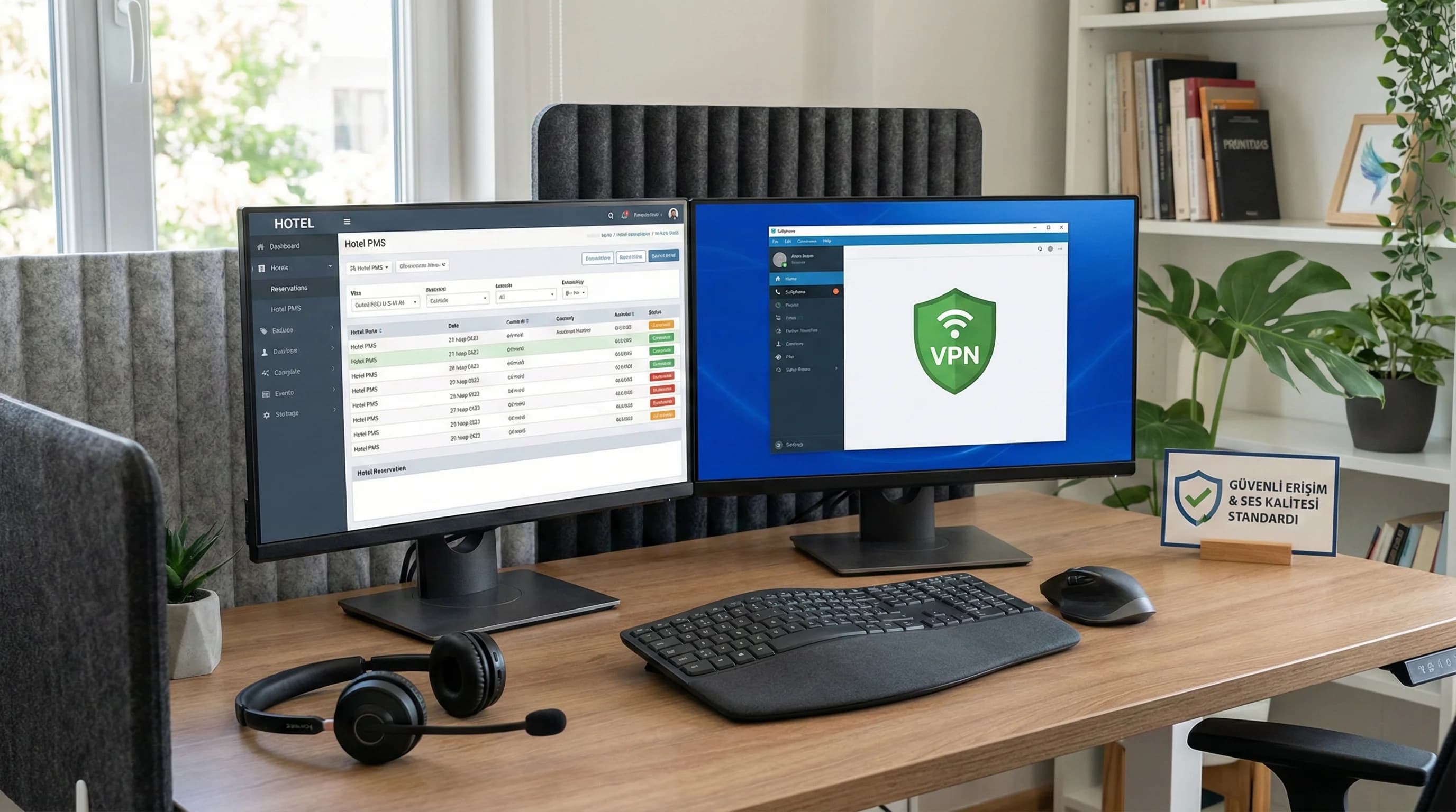 Remote agent çalışma istasyonu mockup, ses kalitesi ve güvenli erişim otel