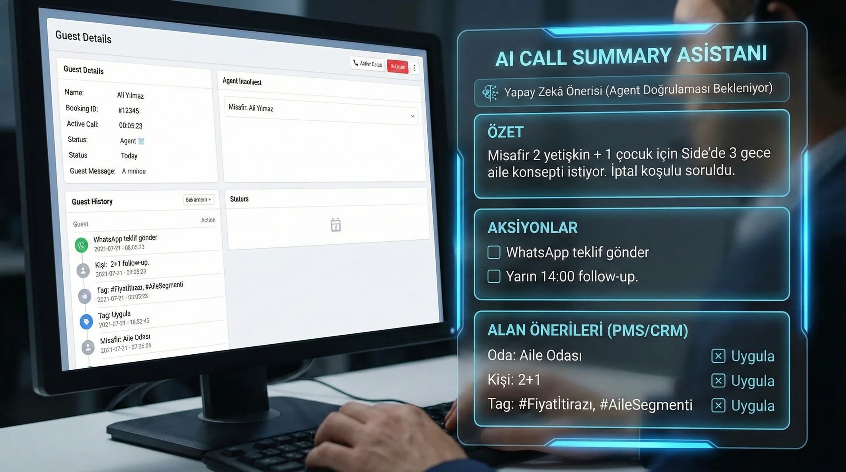 AI call summary mockup, özet + aksiyon maddeleri + alan önerileri