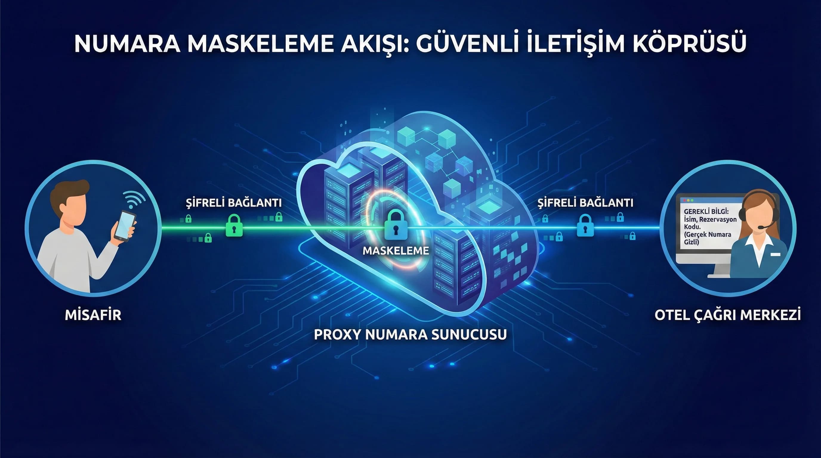 Numara maskeleme akışı: misafir ↔ proxy numara ↔ otel çağrı merkezi