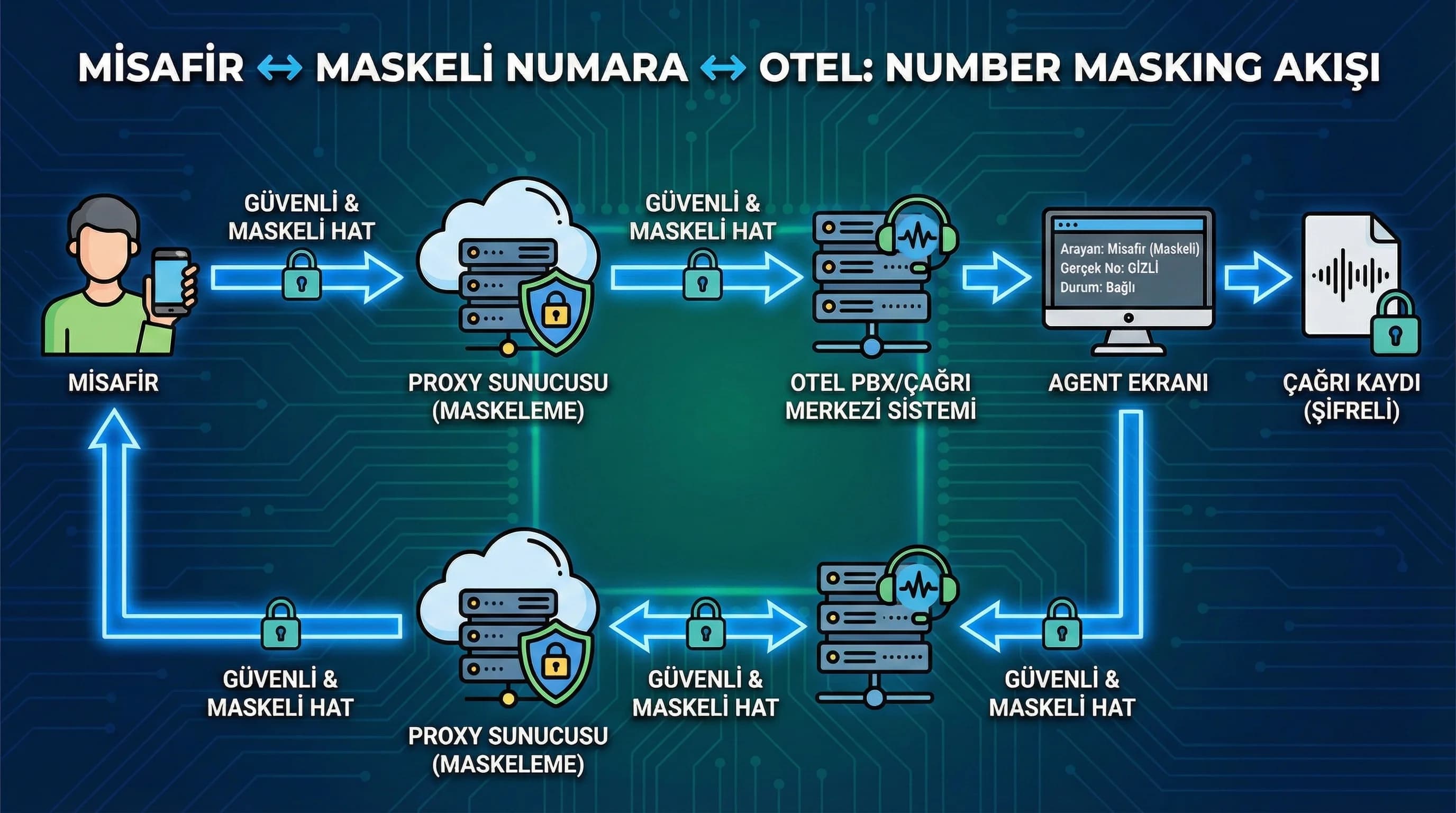 Misafir ↔ maskeli numara ↔ otel: number masking akış diyagramı