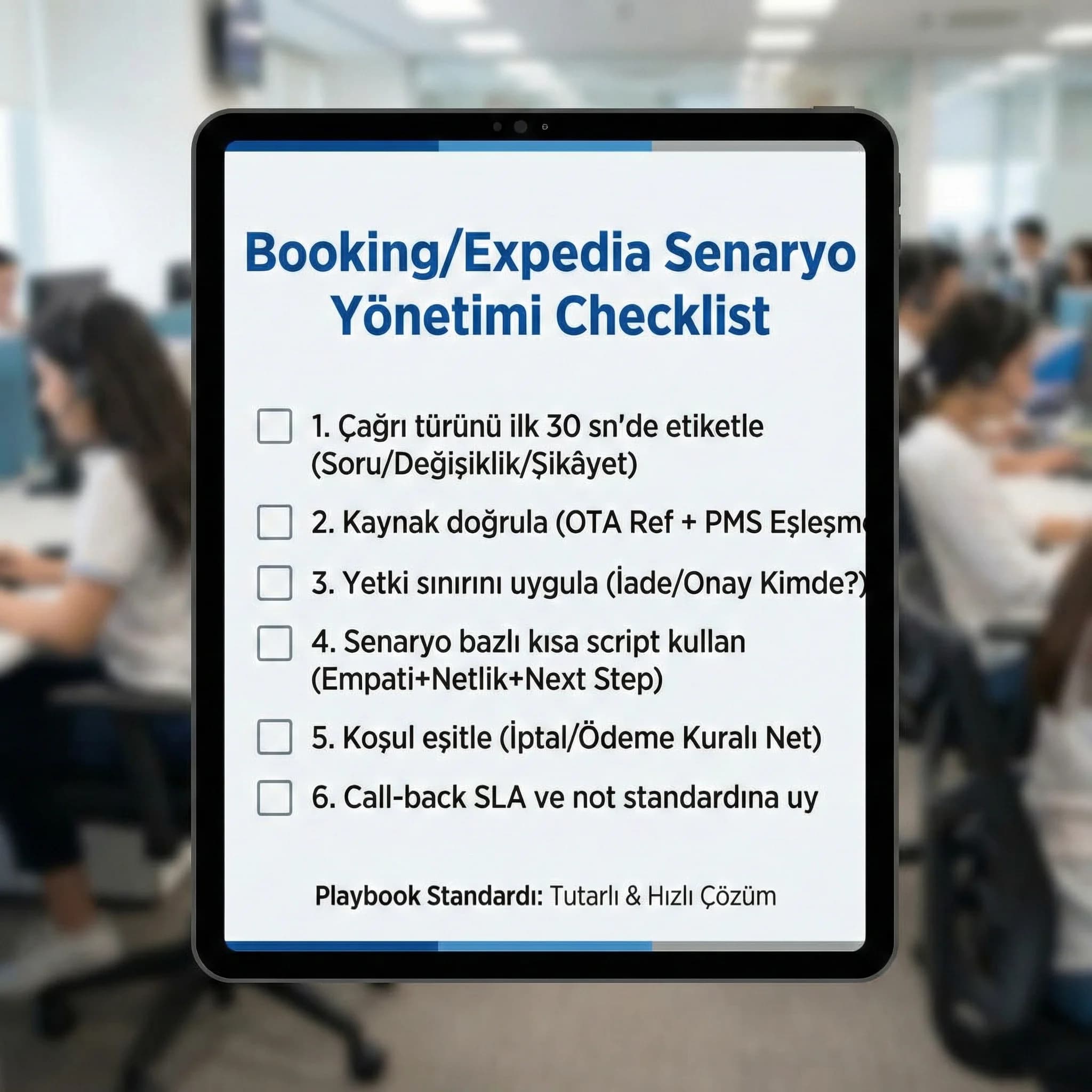 OTA çağrı akış diyagramı, misafir-call center-PMS-OTA adımları