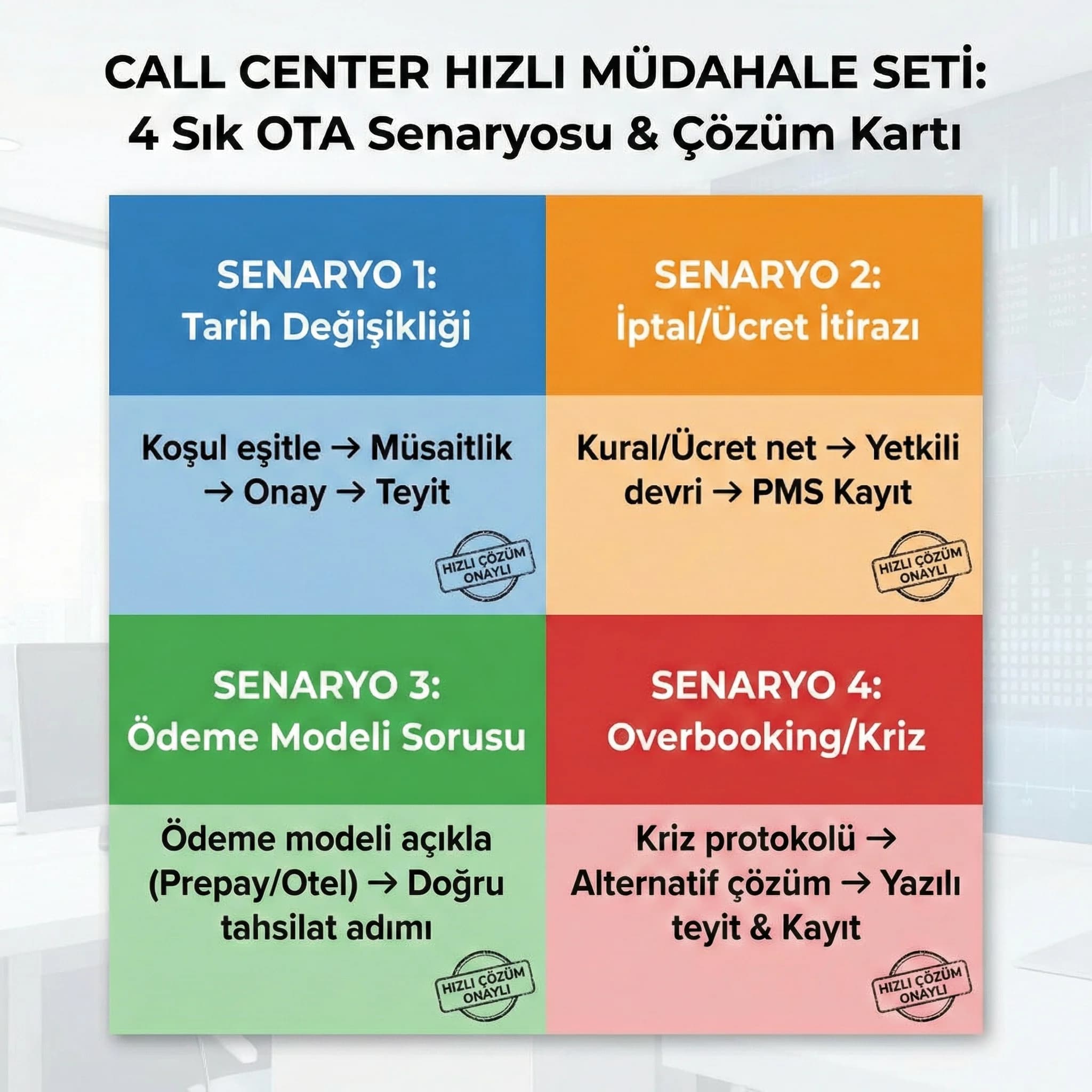 OTA çağrı playbook checklist kartı, booking expedia senaryo yönetimi