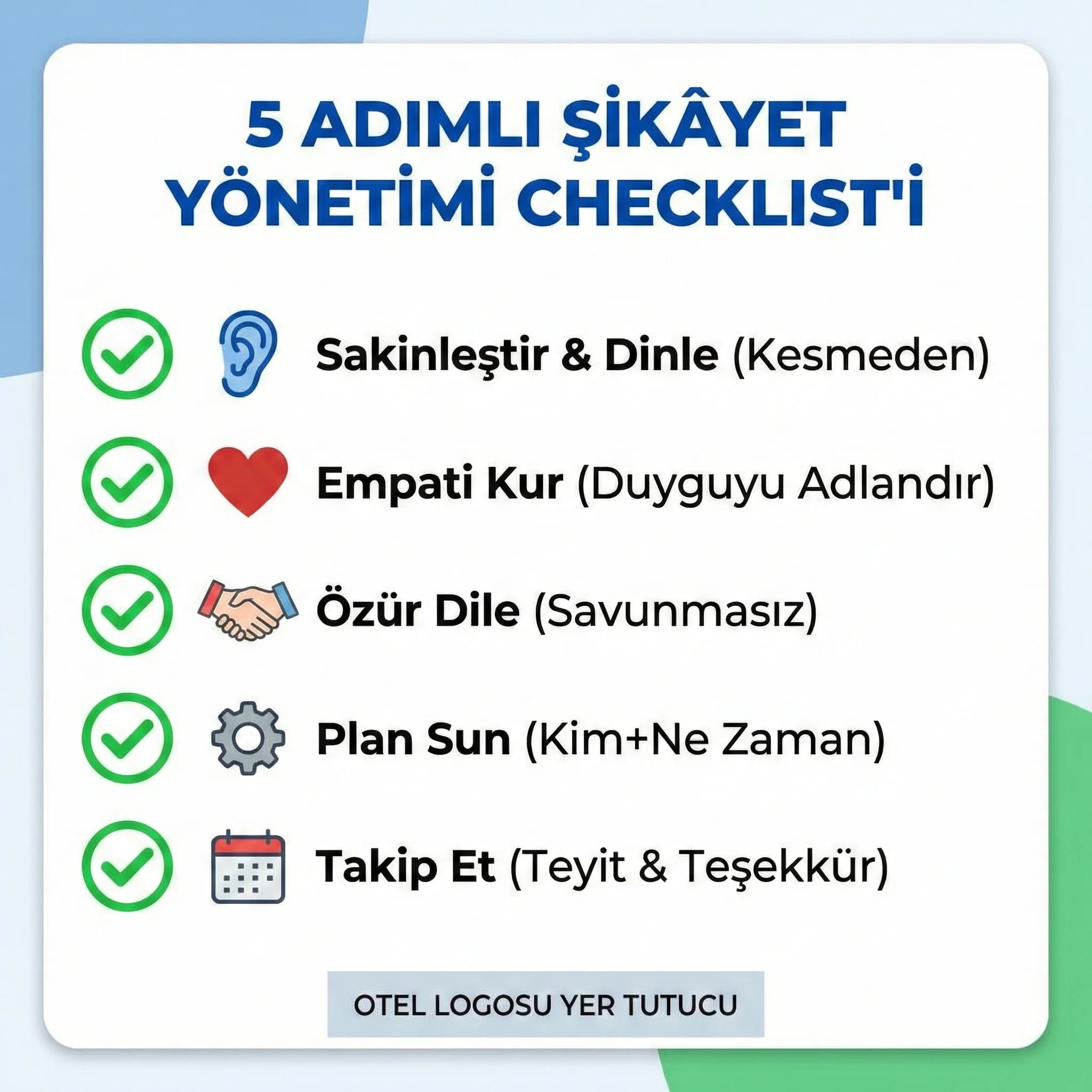 Şikâyet çağrısı 5 adımlı service recovery checklist kartı, otel call center