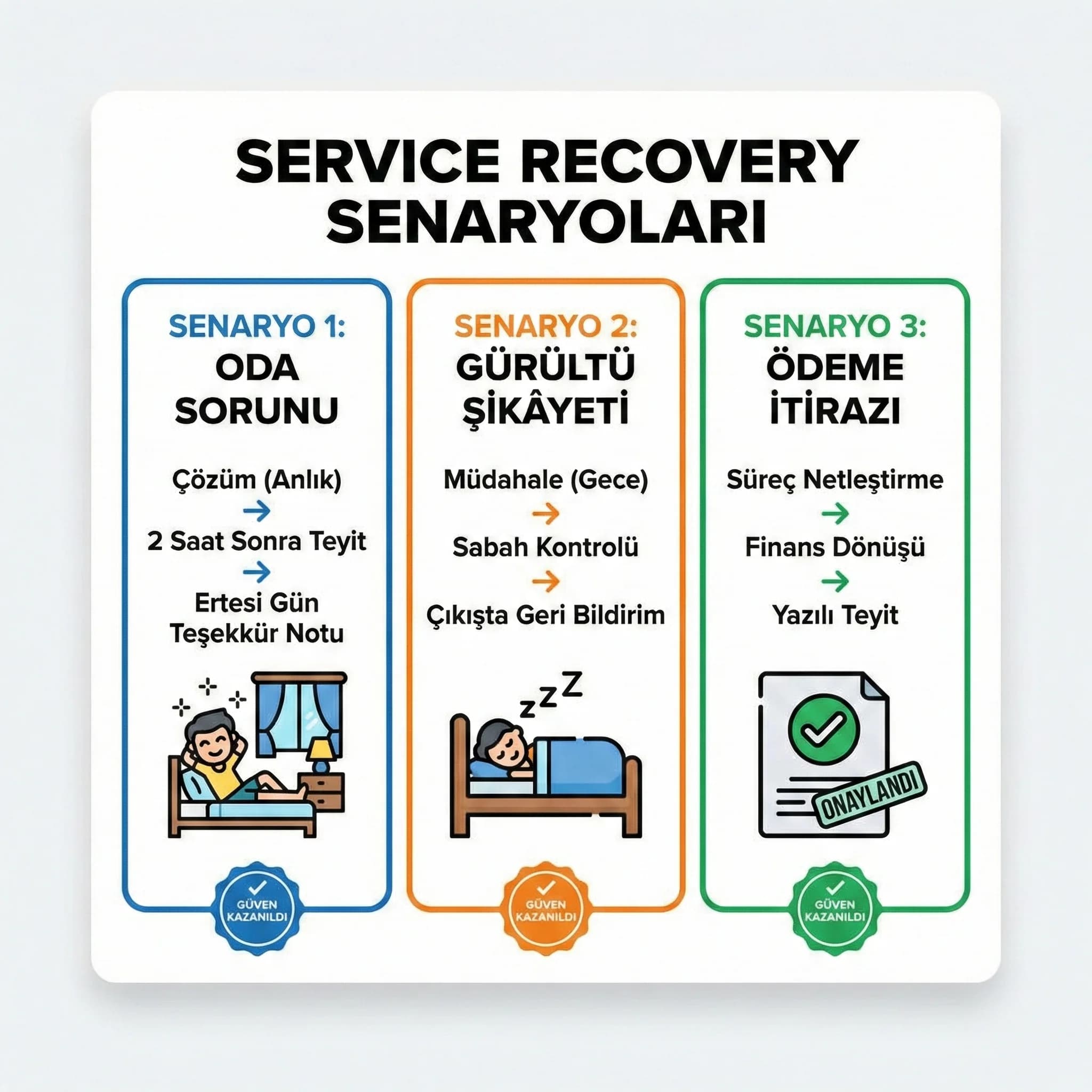 3 service recovery senaryosu kartı, takip ve telafi akışı