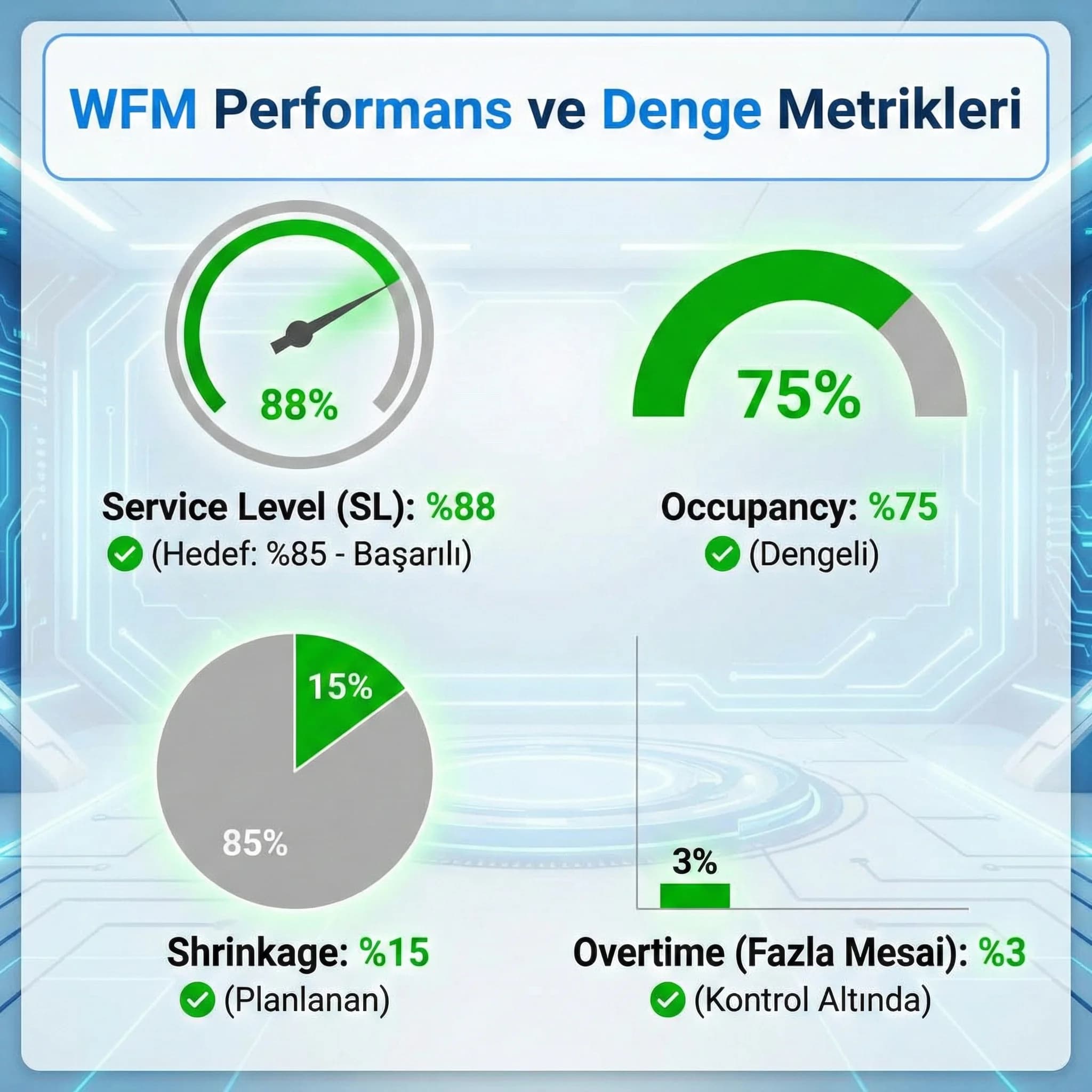 WFM KPI kartı, service level occupancy shrinkage ve overtime dengesi