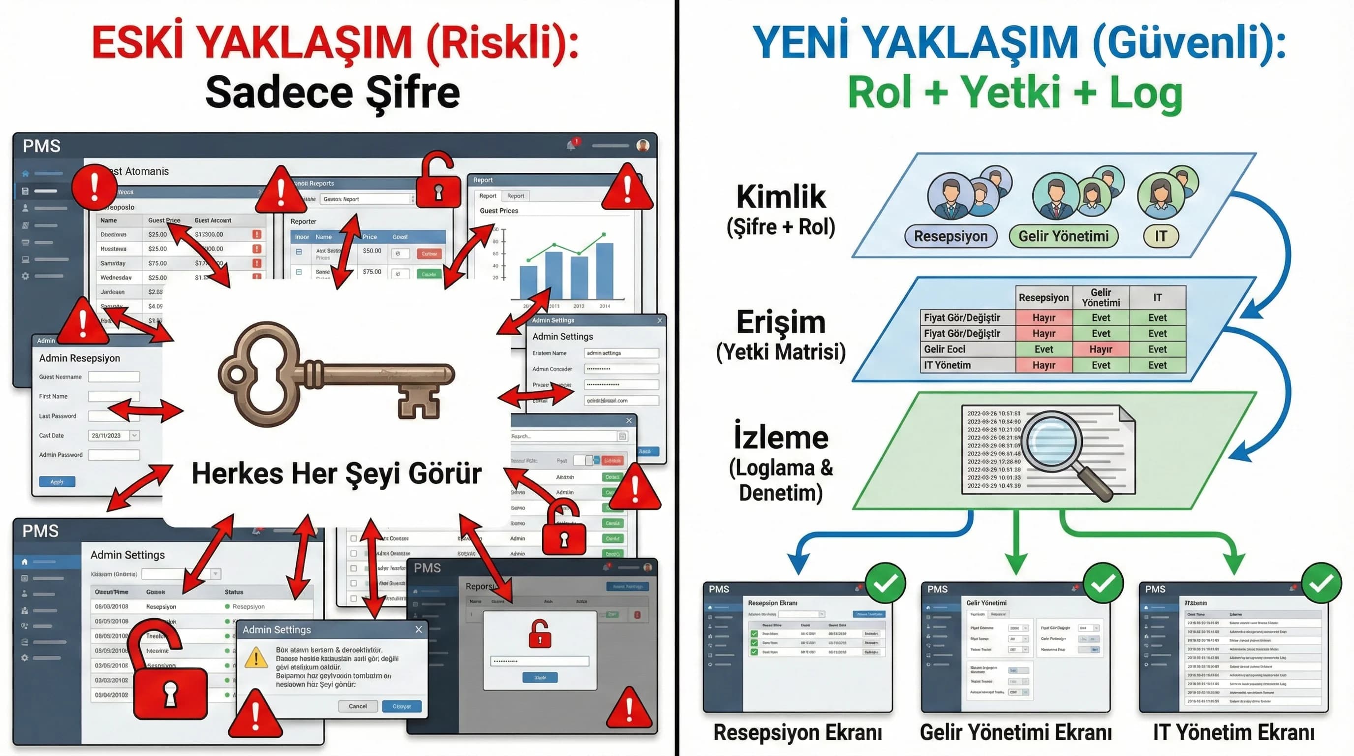 Şifre değil rol bazlı güvenlik yaklaşımı, otel PMS erişim kontrol bağlamı