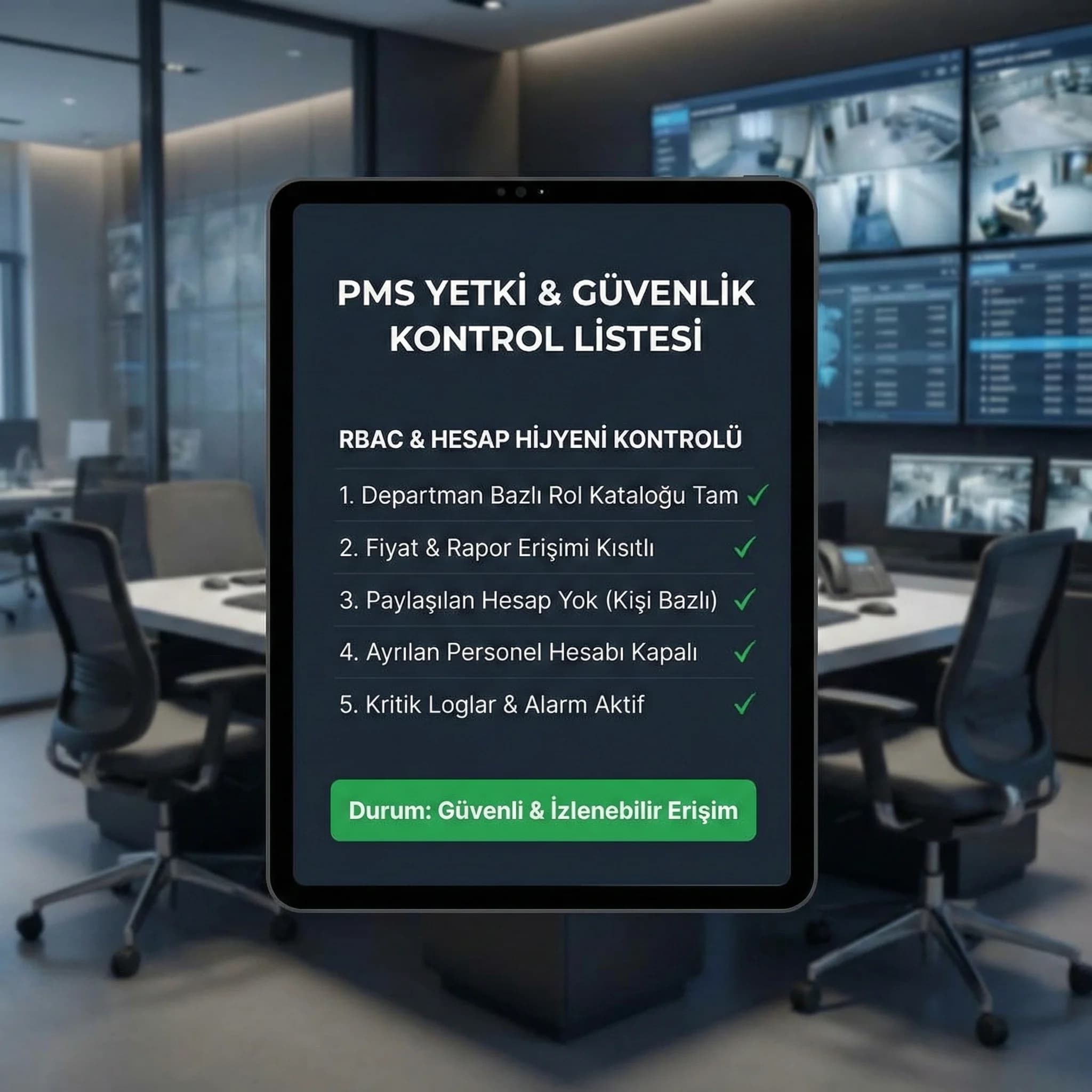 PMS loglama ve denetim akış diyagramı, otel bilgi güvenliği bağlamı