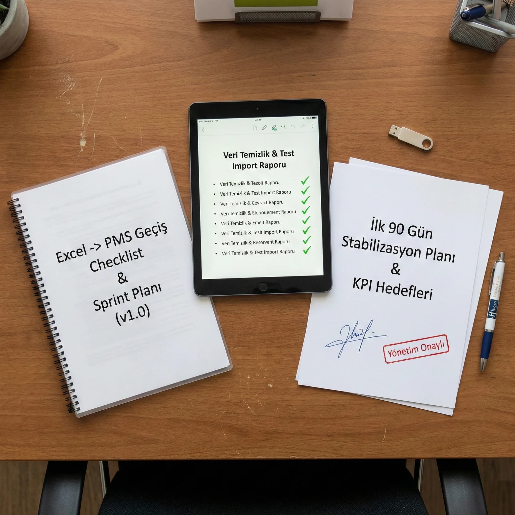 İlk 90 gün check-in ve hata KPI kartı, otel geçiş stabilizasyon bağlamı