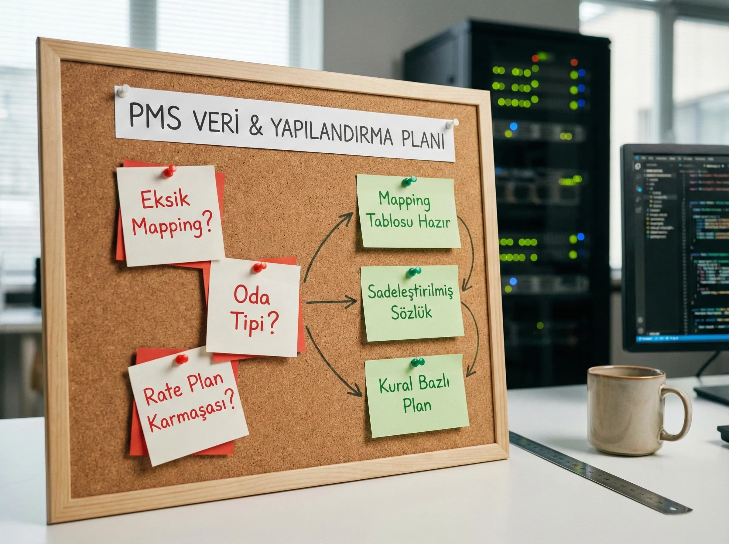 Veri ve yapılandırma hatalarına giriş ayırıcı görsel, otel PMS bağlamı