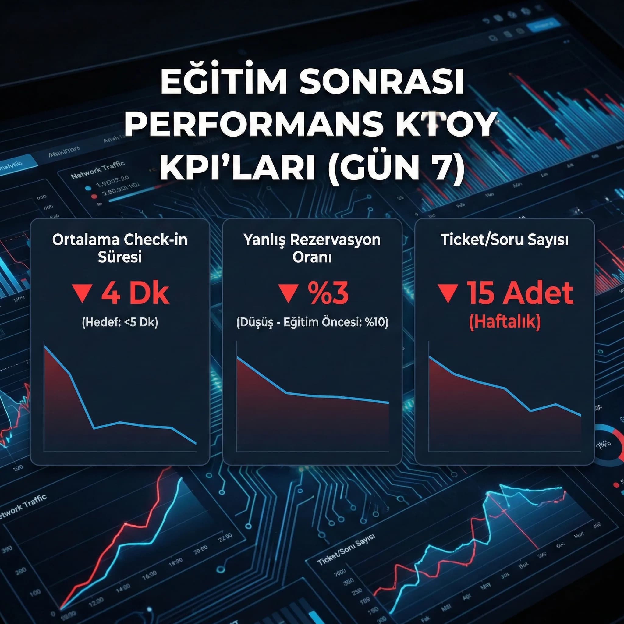 Check-in süresi ve hata oranı KPI kartı, resepsiyon eğitim performansı bağlamı