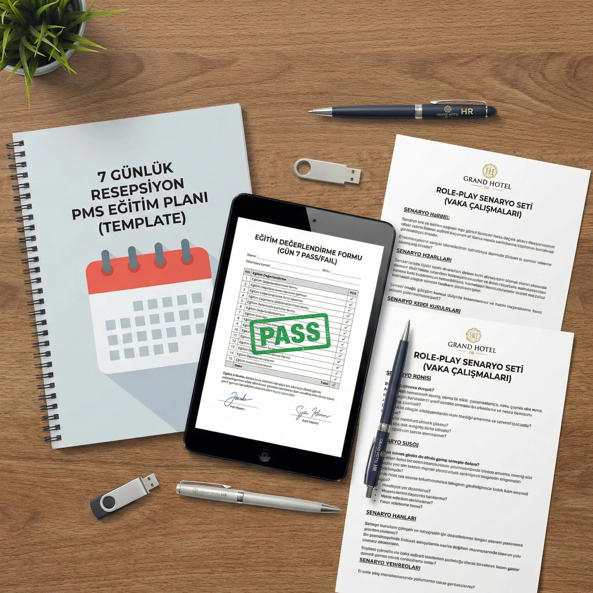 Eğitim dokümanları, senaryo seti ve değerlendirme çıktıları, otel HR bağlamı