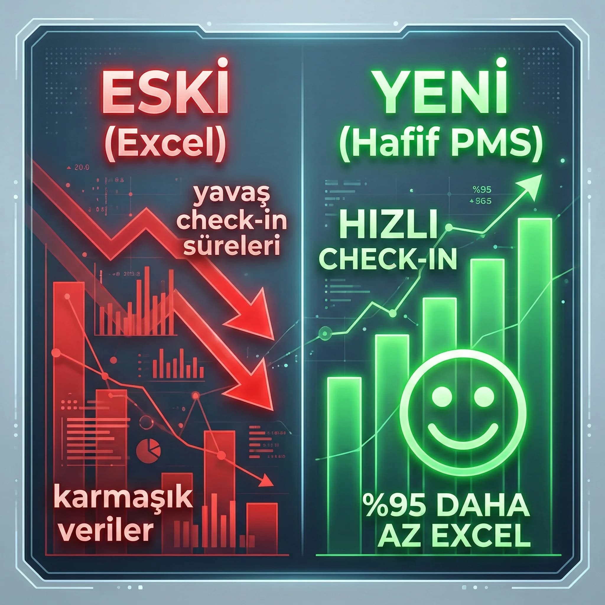 Butik otelde check-in süresi ve Excel’e dönüş oranı KPI kartı, operasyon verimlilik bağlamı