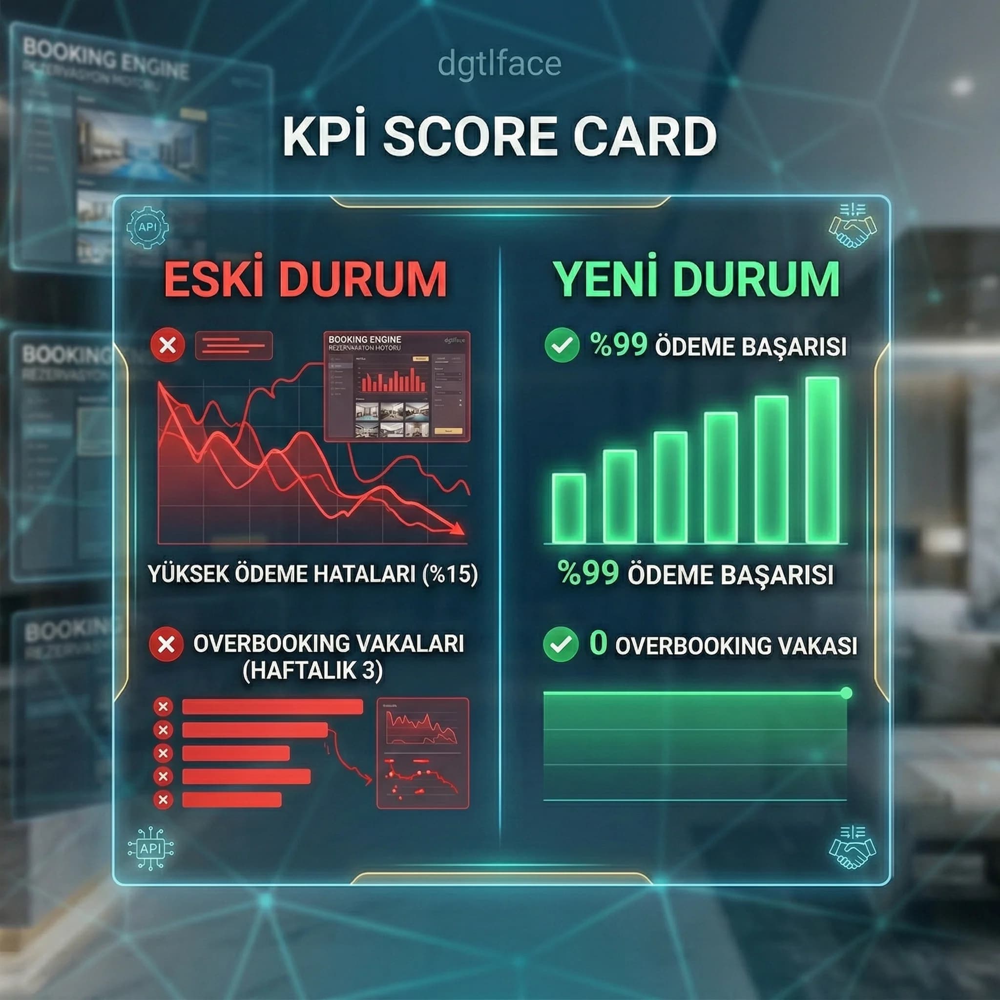Ödeme başarısı ve senkron hatası KPI kartı, otel direkt rezervasyon performansı bağlamı