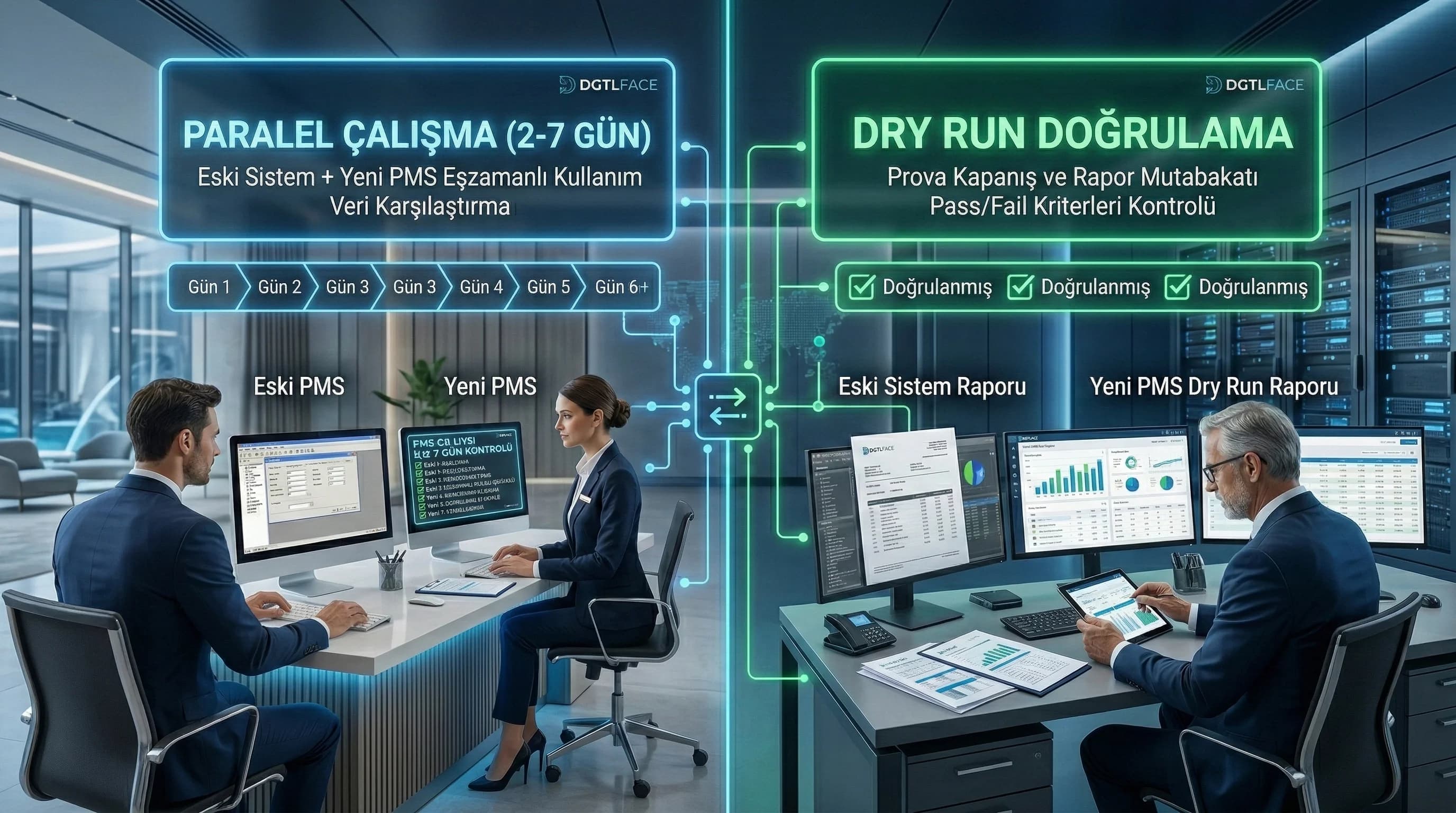Parallel run ve dry run yaklaşımı, resepsiyon ve muhasebe go-live hazırlığı bağlamı