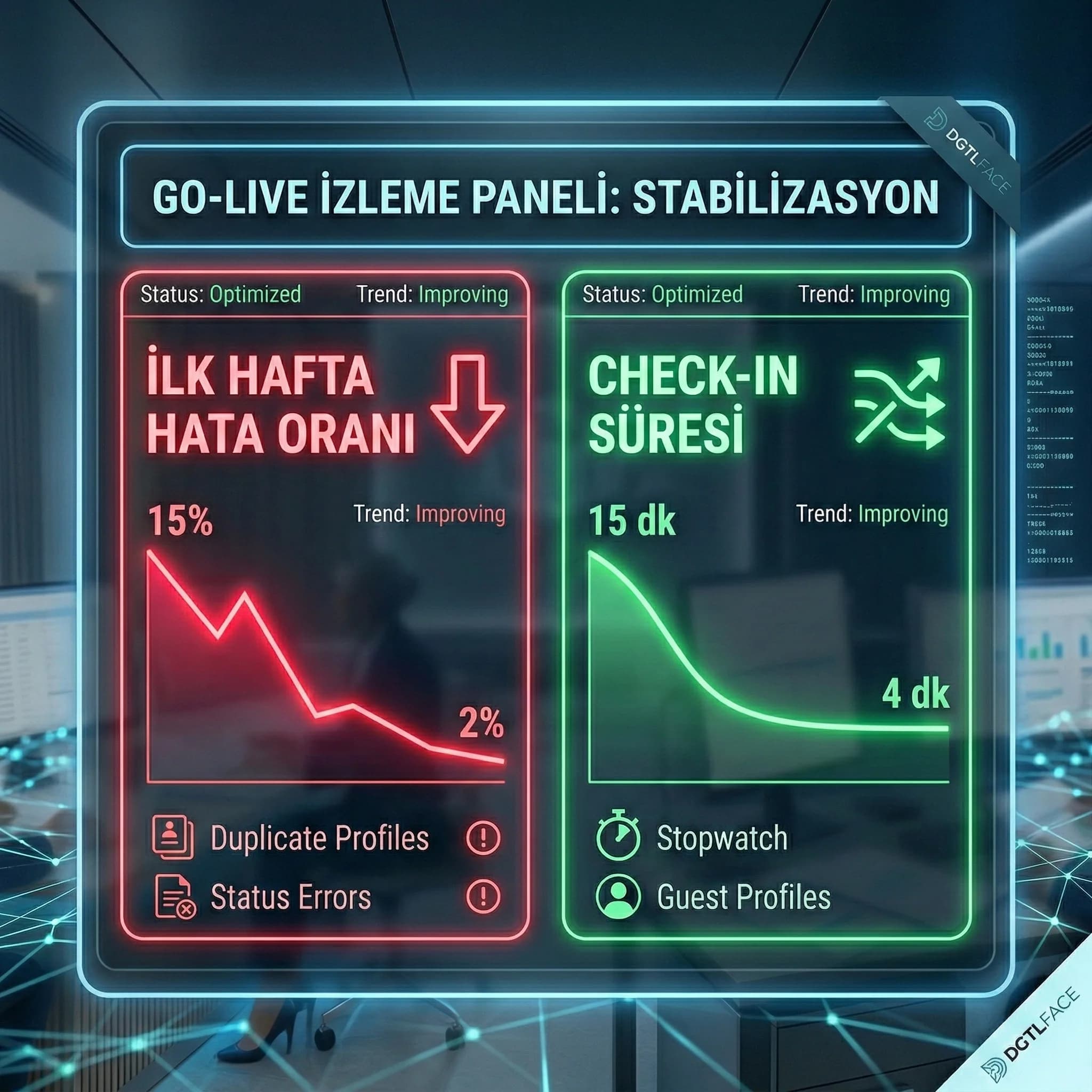 İlk hafta hata oranı ve check-in süresi KPI kartı, otel geçiş izleme bağlamı