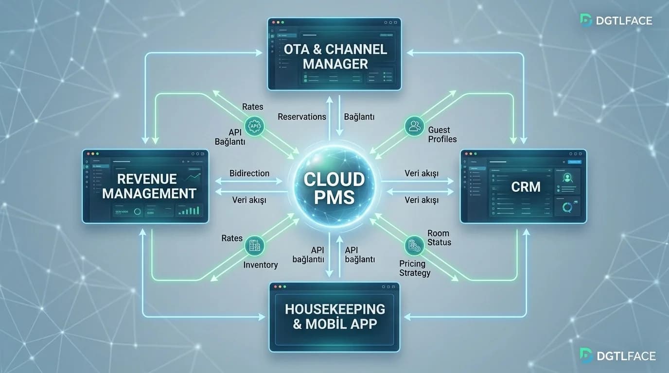 Cloud PMS entegrasyon ekosistemi diyagramı, OTA channel CRM bağlantıları