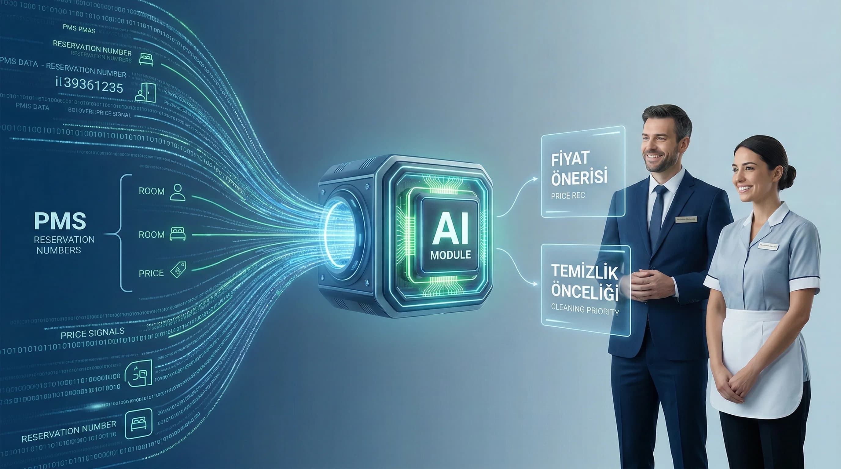AI modülü PMS verisini tüketir, öneri üretir otel bağlamı