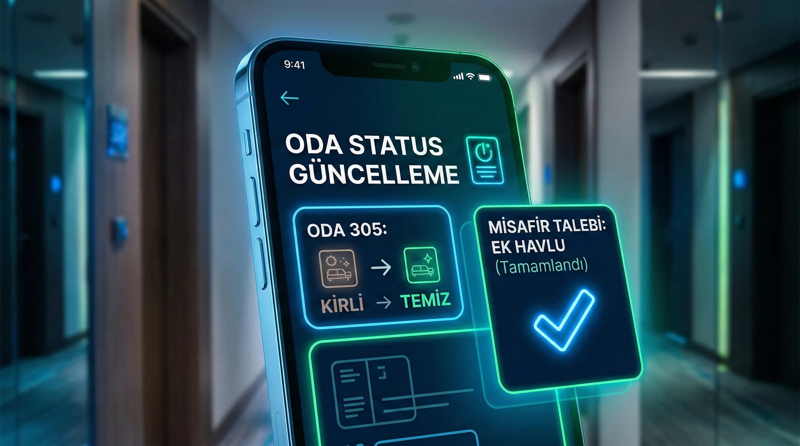 Mobil PMS ekran konsepti, görev ve oda durumu güncelleme otel operasyon bağlamı