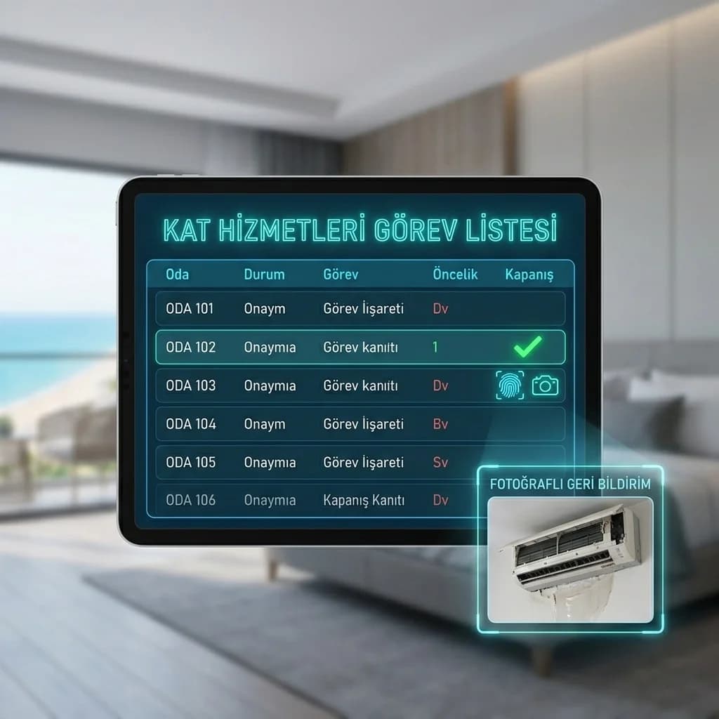 Mobil PMS görev akışı diyagramı, atama–bildirim–kapanış otel bağlamı