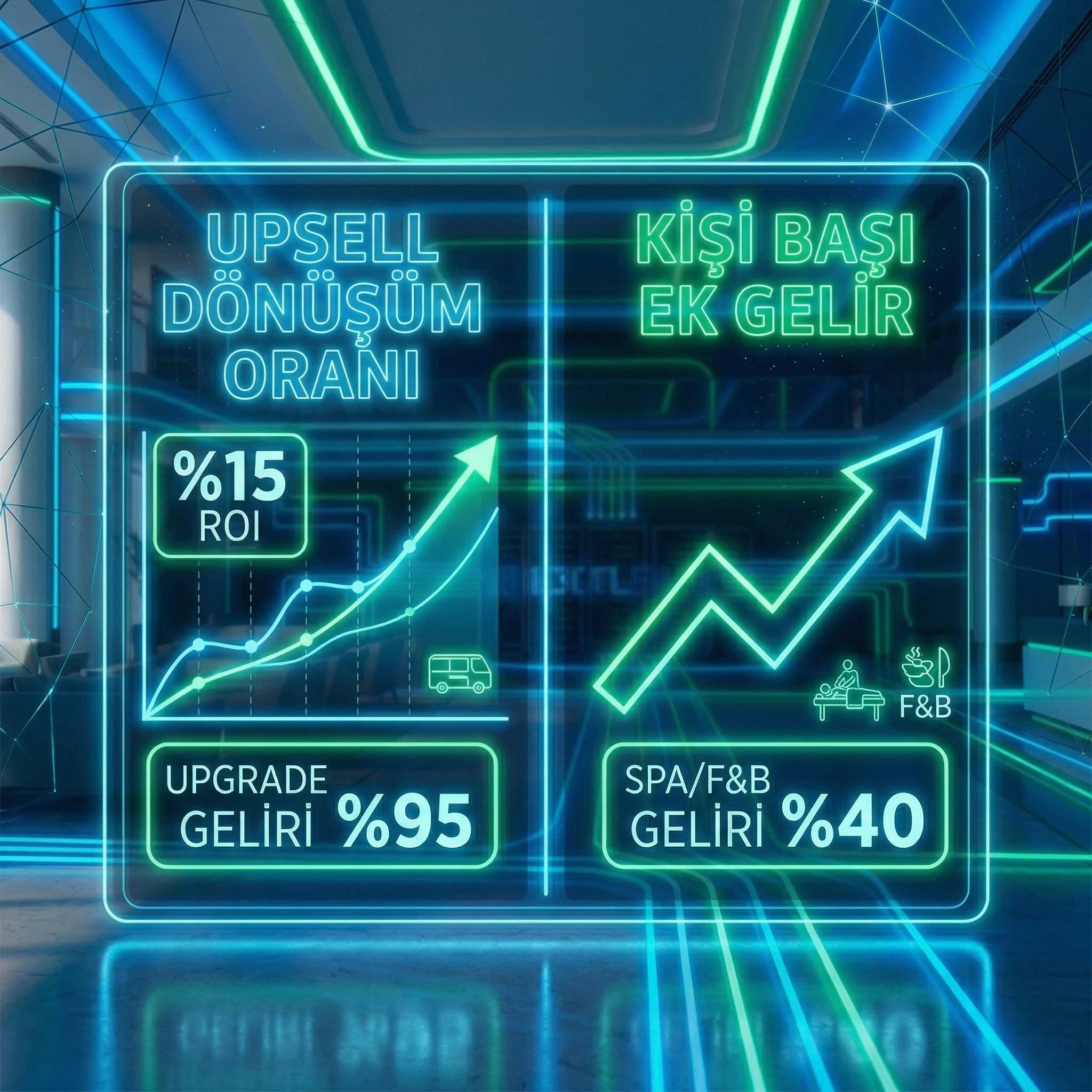 Up-sell dönüşüm ve ek gelir KPI kartı, resort revenue bağlamı