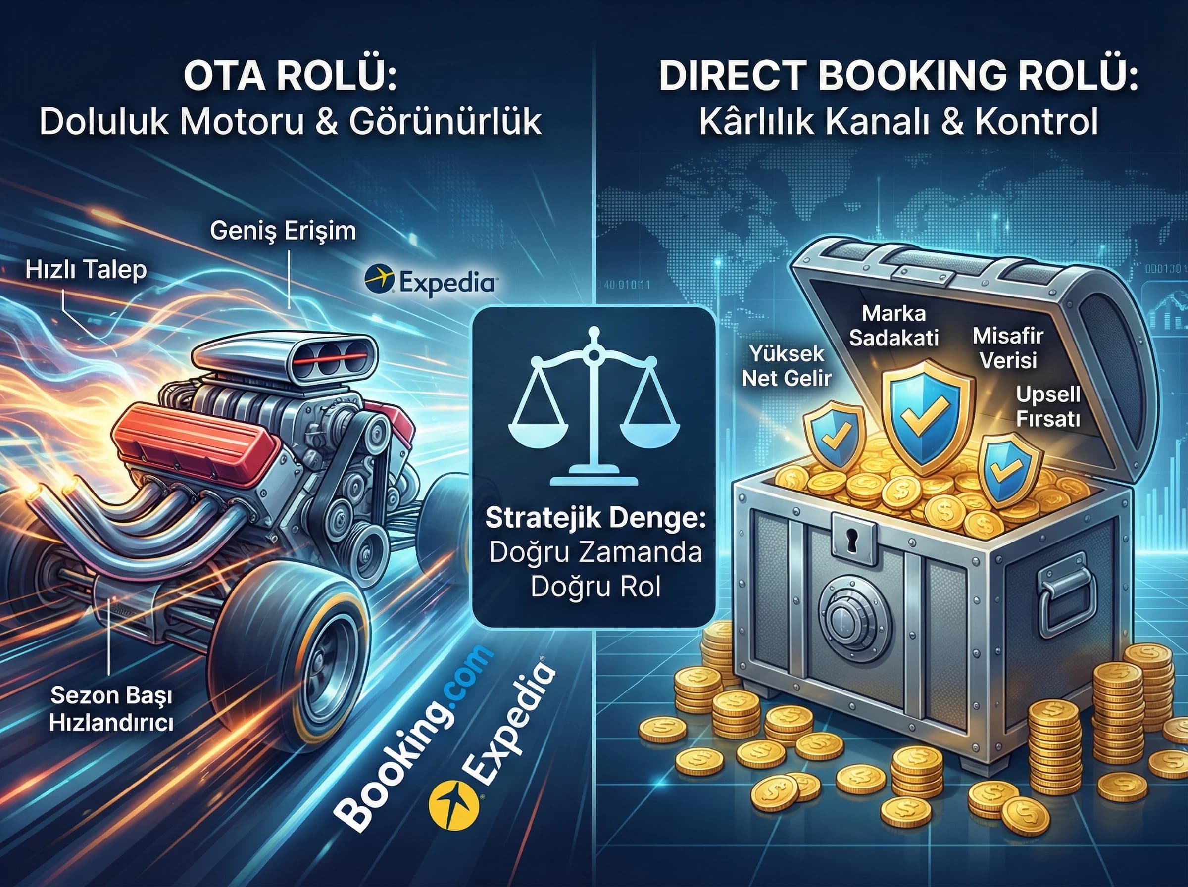 Kanal rolleri (OTA vs direct) ayrımı, otel satış stratejisi görseli