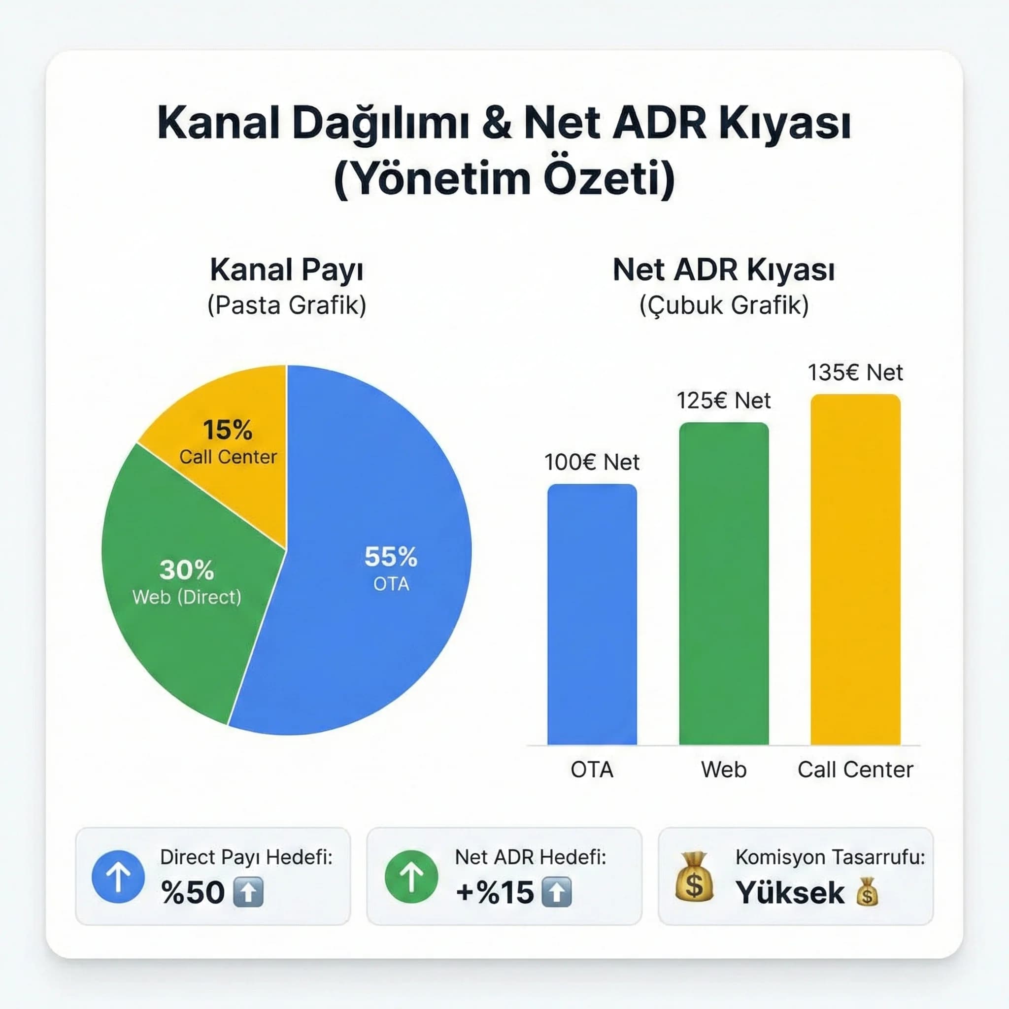OTA vs direct kanal dağılımı ve net ADR KPI kartı, otel performans takibi
