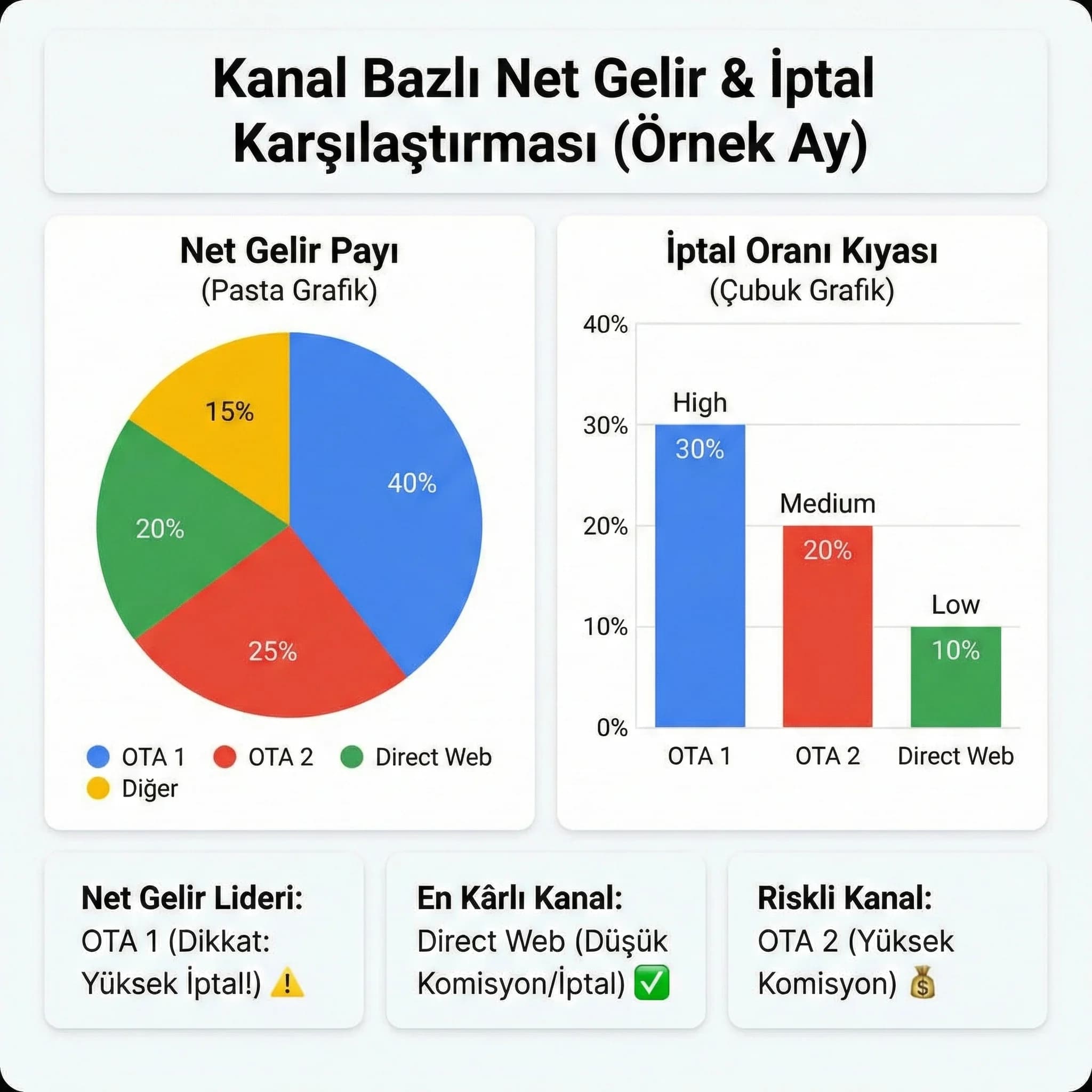 Kanal bazlı net gelir ve iptal karşılaştırma KPI kartı, OTA performansı