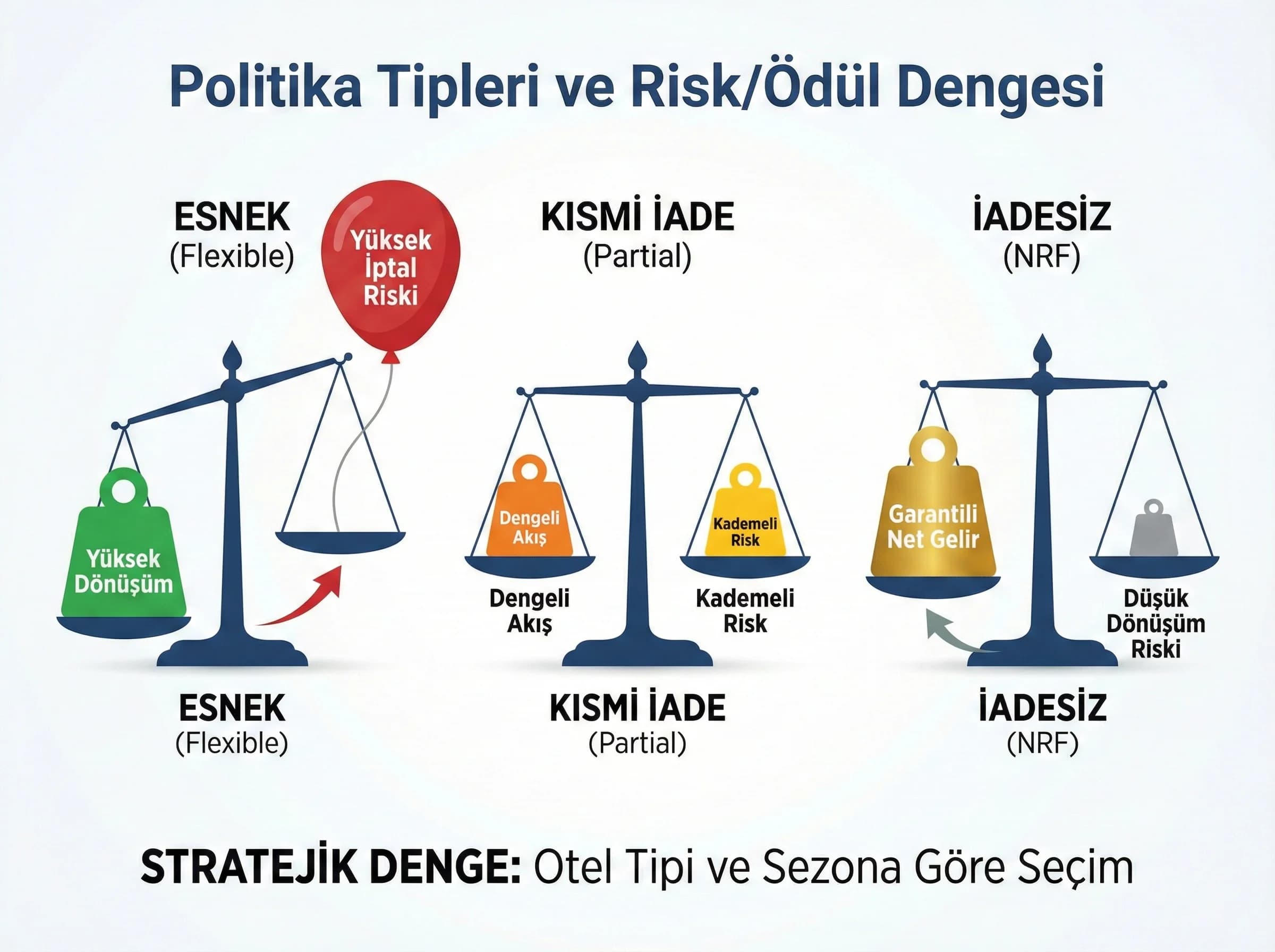 Politika tipleri ve risk dengesi görseli, otel gelir yönetimi