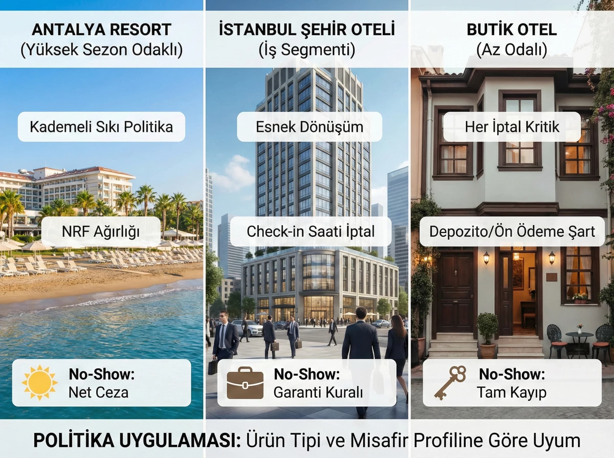 Resort ve şehir oteli politika senaryoları geçiş görseli, ürün tipi farkı