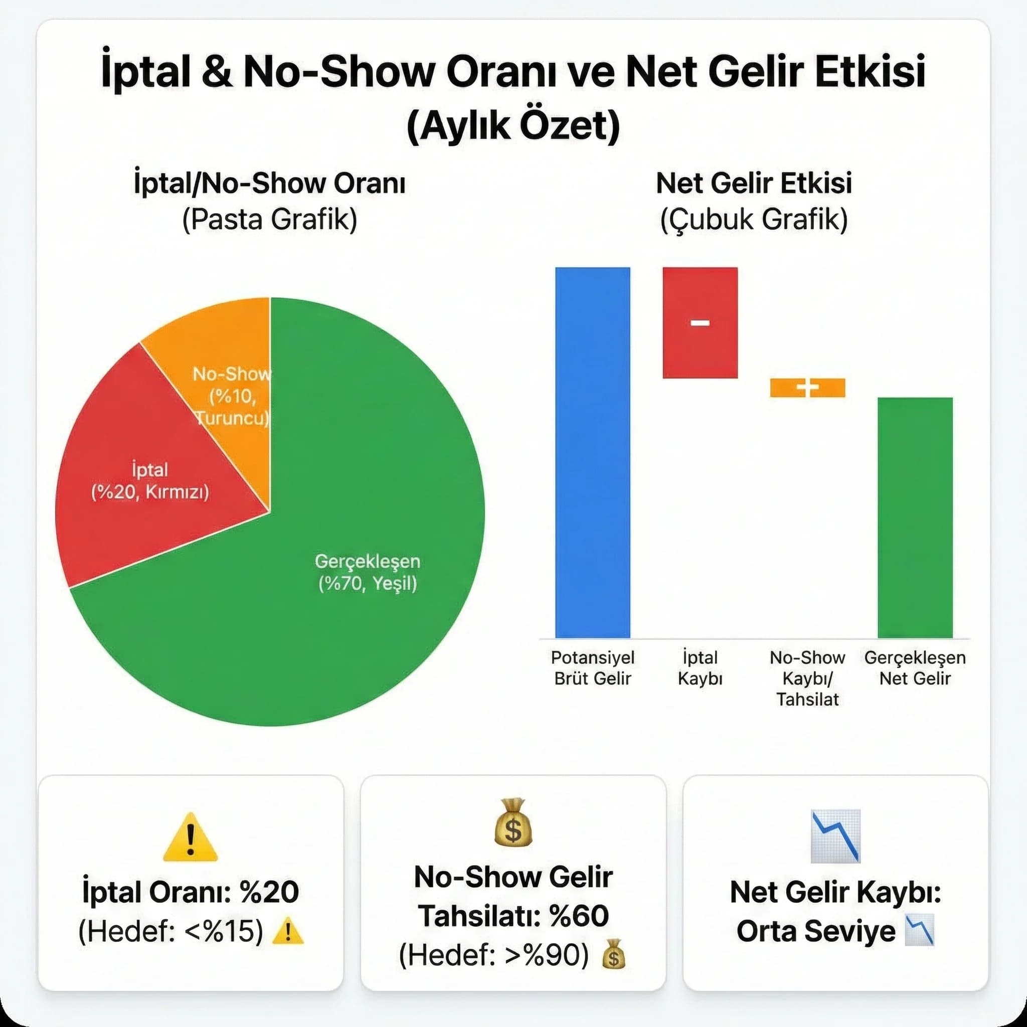 İptal ve no-show oranı net gelir etkisi KPI kartı, raporlama ve karar