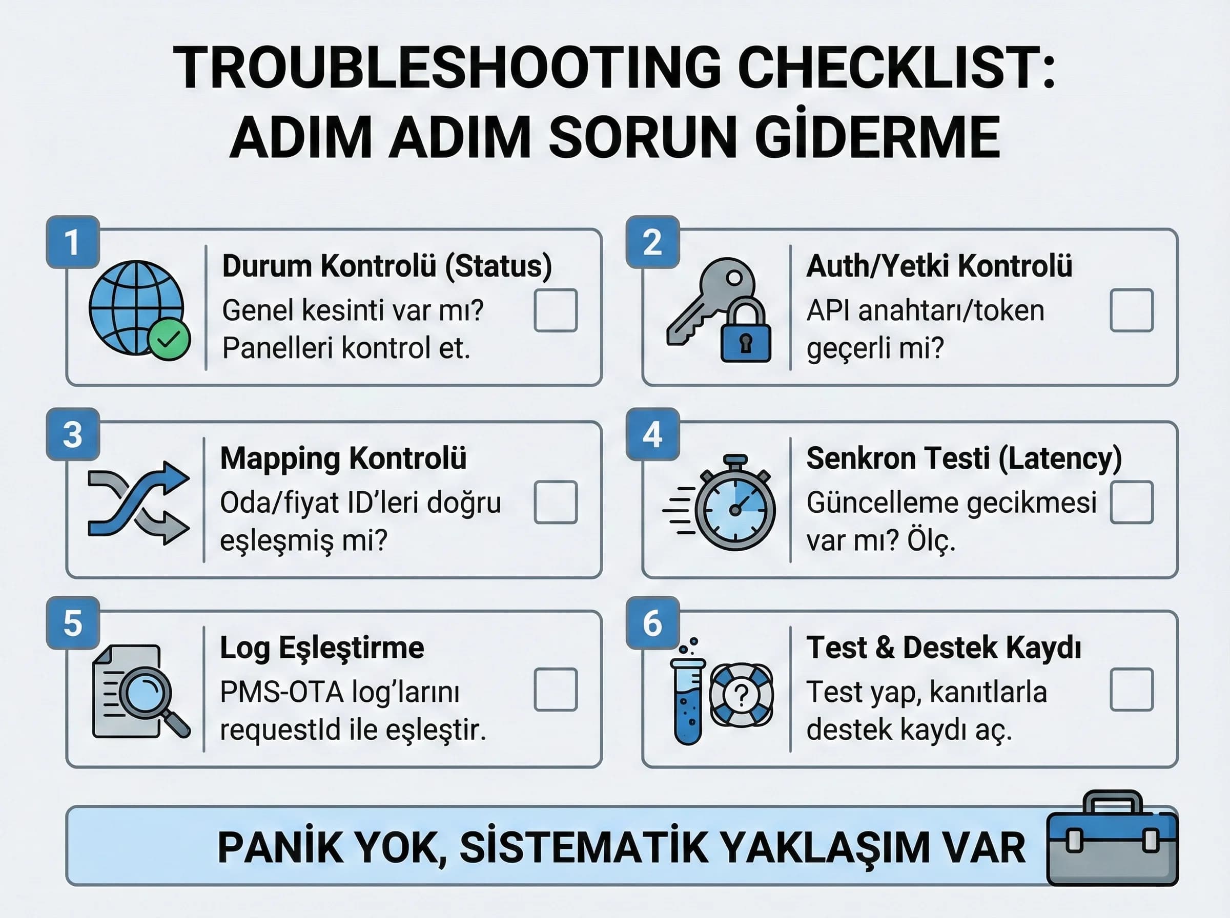 Troubleshooting checklist geçiş görseli, entegrasyon sorun giderme