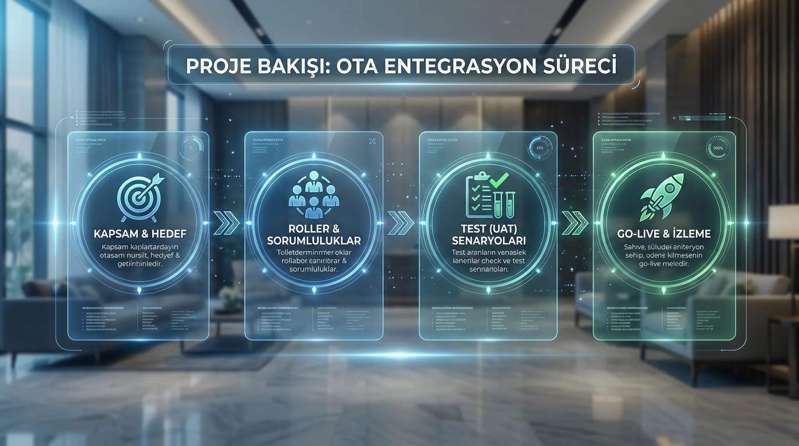 Kapsam, rol, test ve go-live akışını anlatan bağlam görseli, proje bakışı