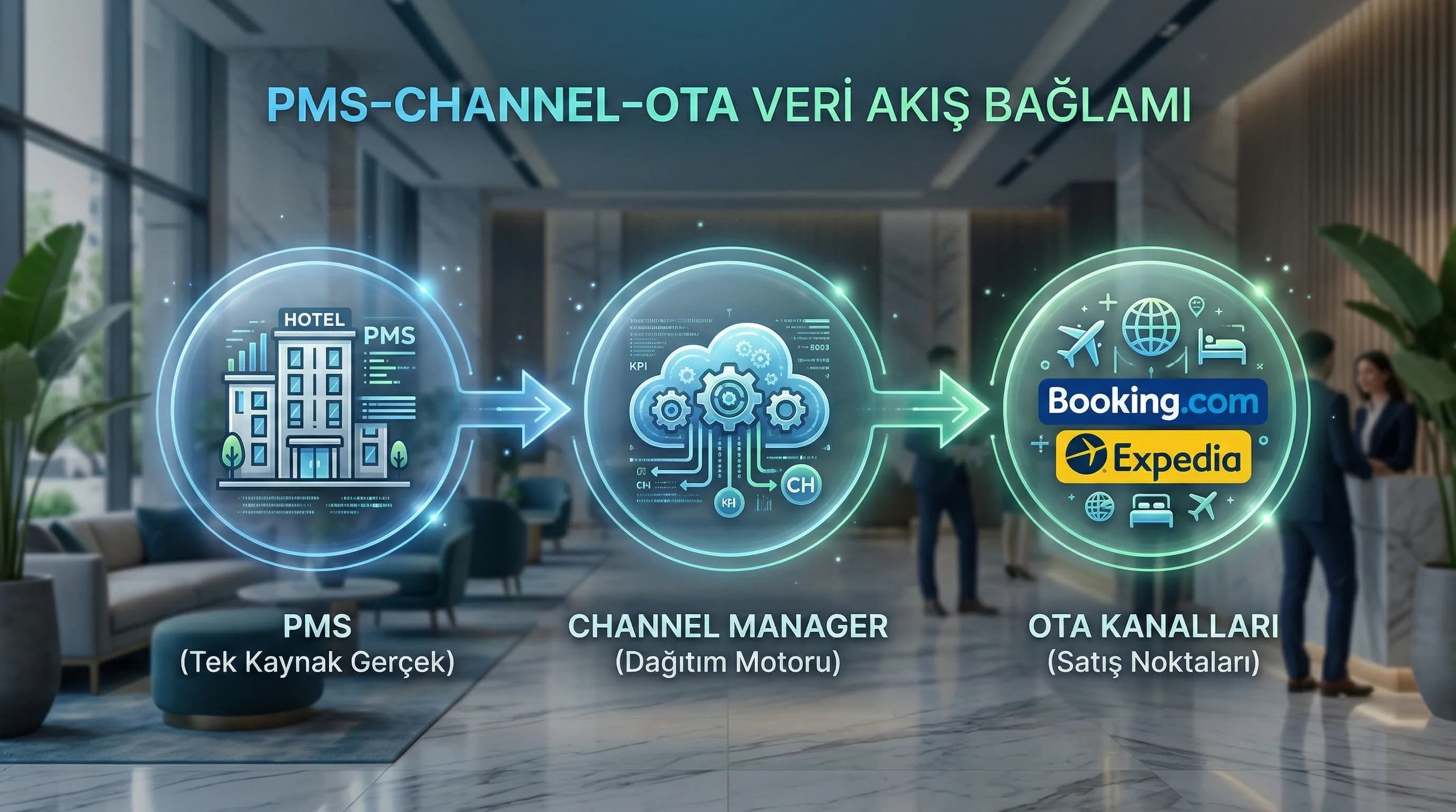 PMS–channel–OTA veri akışı bağlamı, rates inventory reservations senkronu