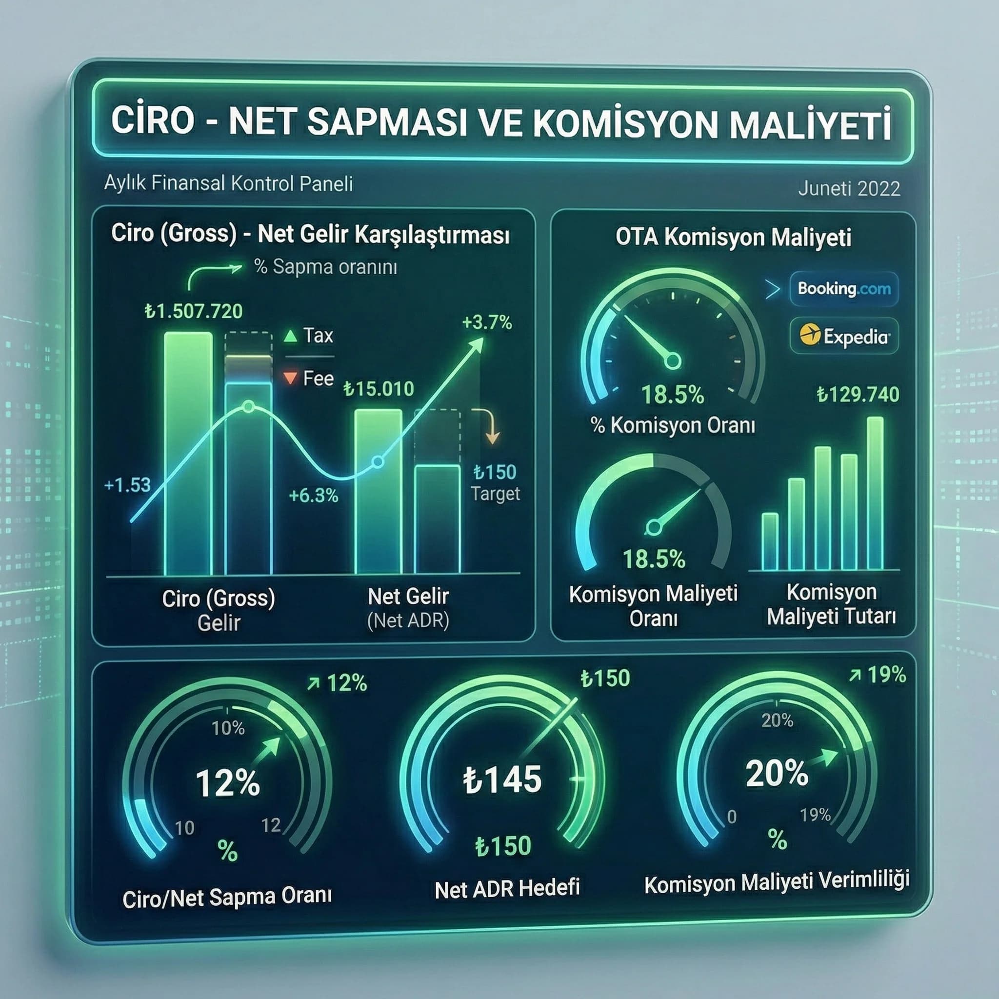 Ciro-net sapması ve komisyon maliyeti KPI kartı, finansal rapor kontrolü