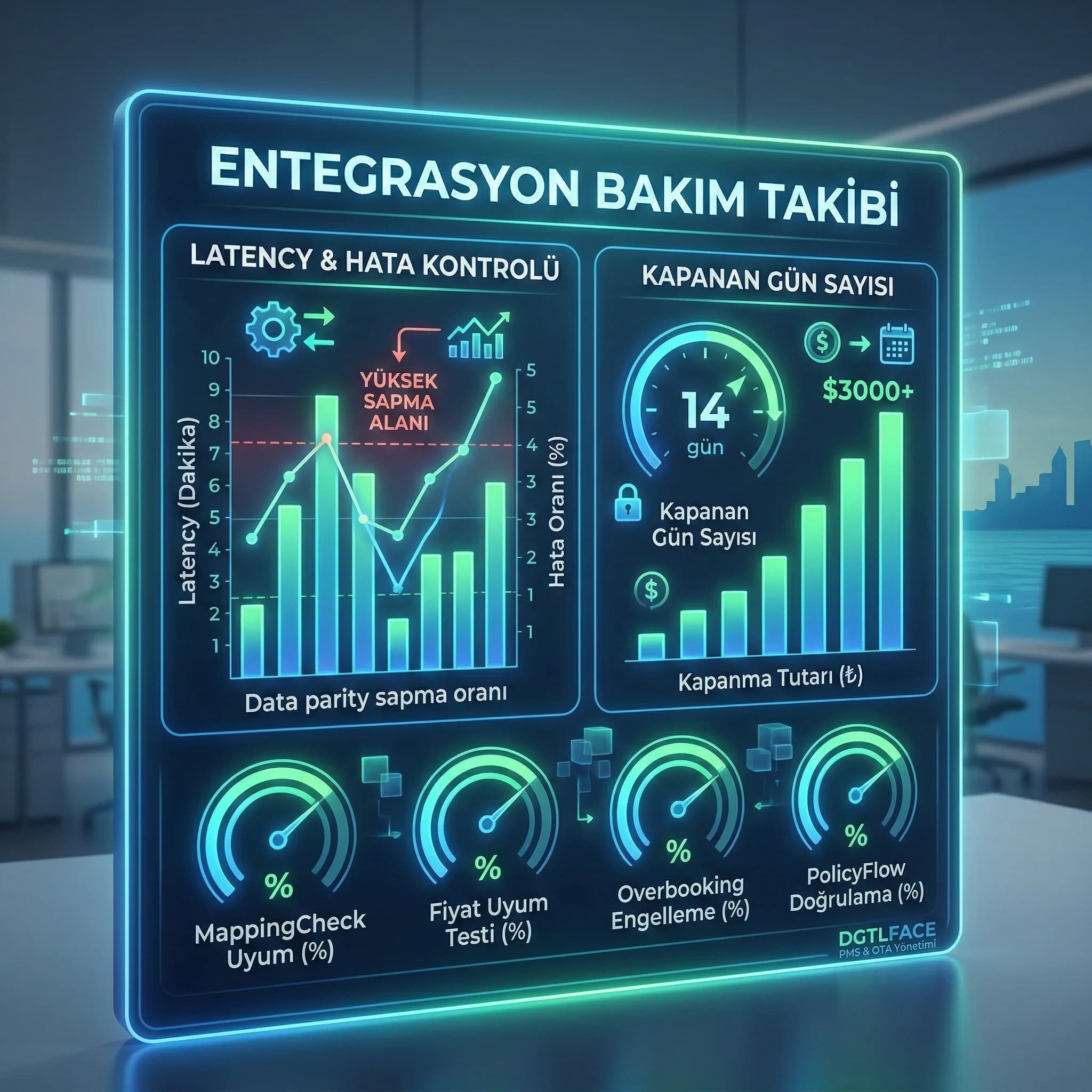 Latency, hata oranı ve kapanan gün KPI kartı, entegrasyon bakım takibi