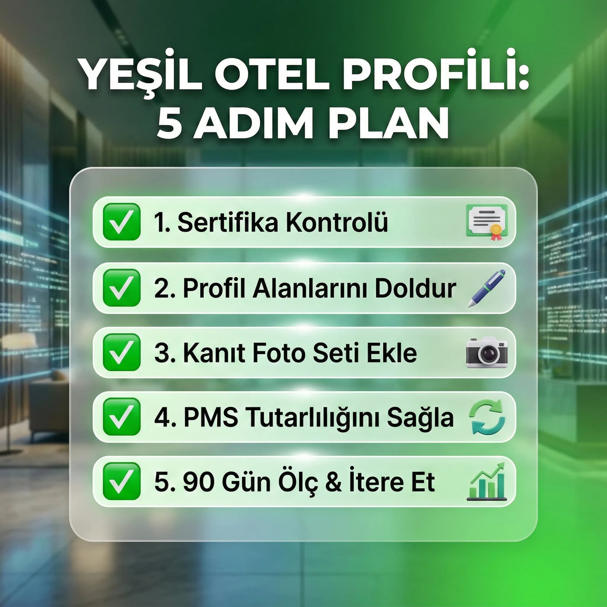 Yeşil otel OTA profili 5 adım checklist kartı, hızlı uygulama planı