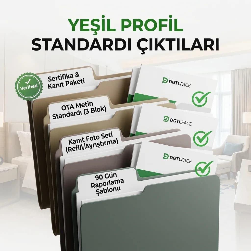 Yeşil profil standardı deliverables kartı, sertifika metin foto ve raporlama